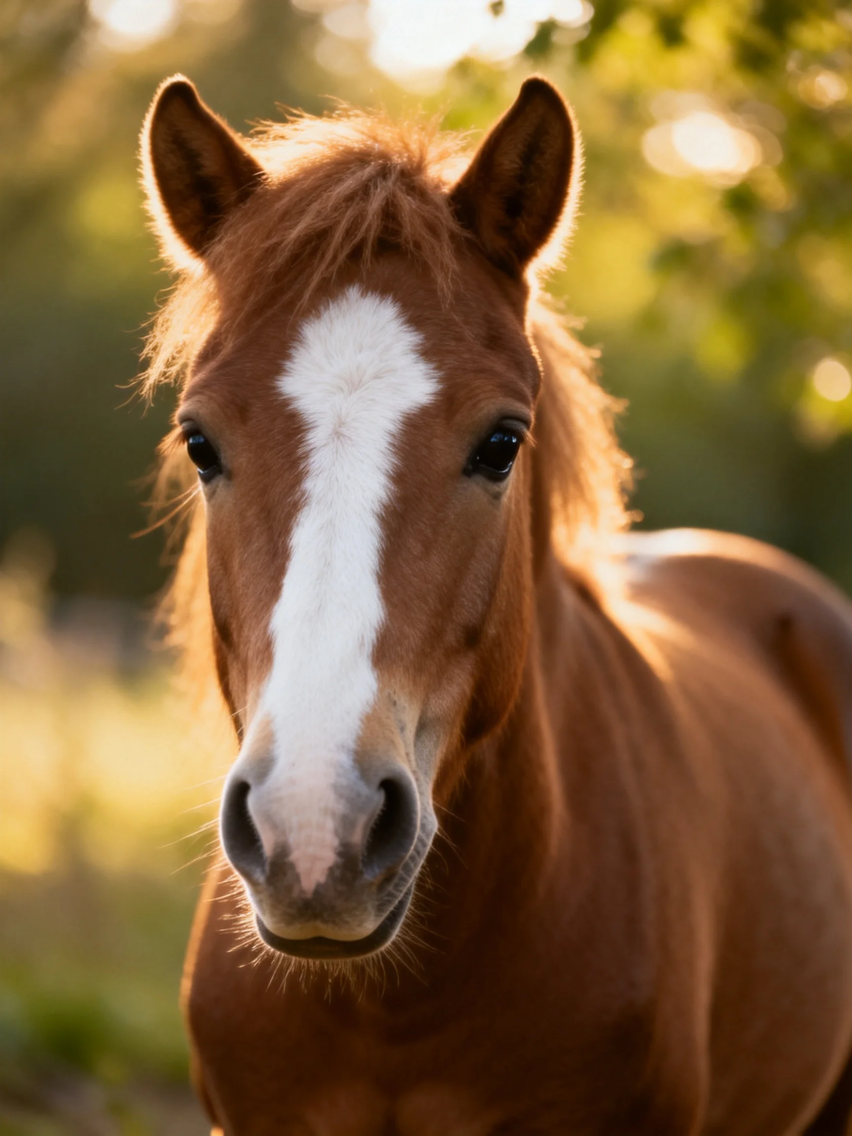 A chestnut horse with a prominent white facial stripe stands in a sunlit natural setting