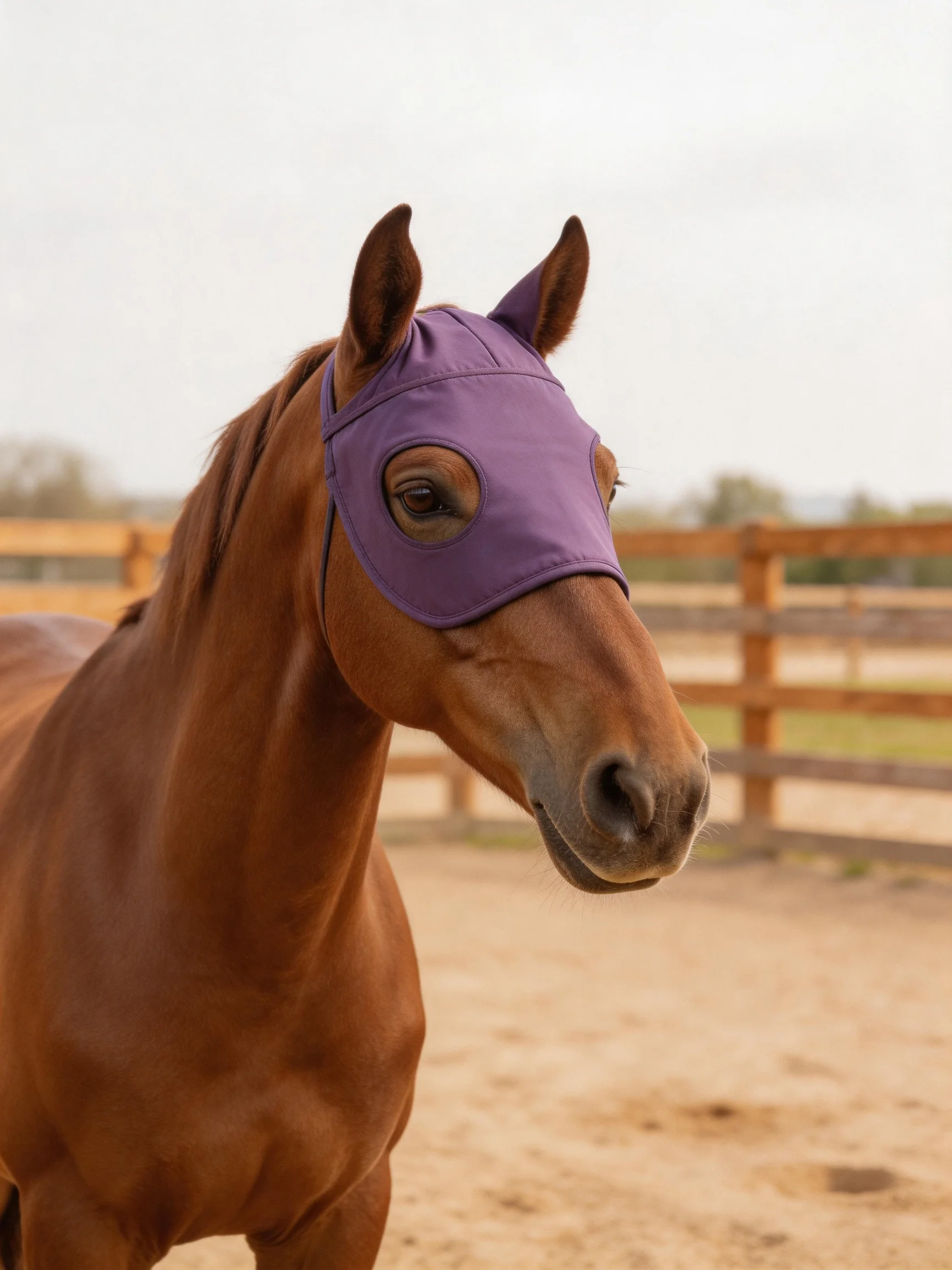 A chestnut horse with a purple fly mask in a fenced outdoor area