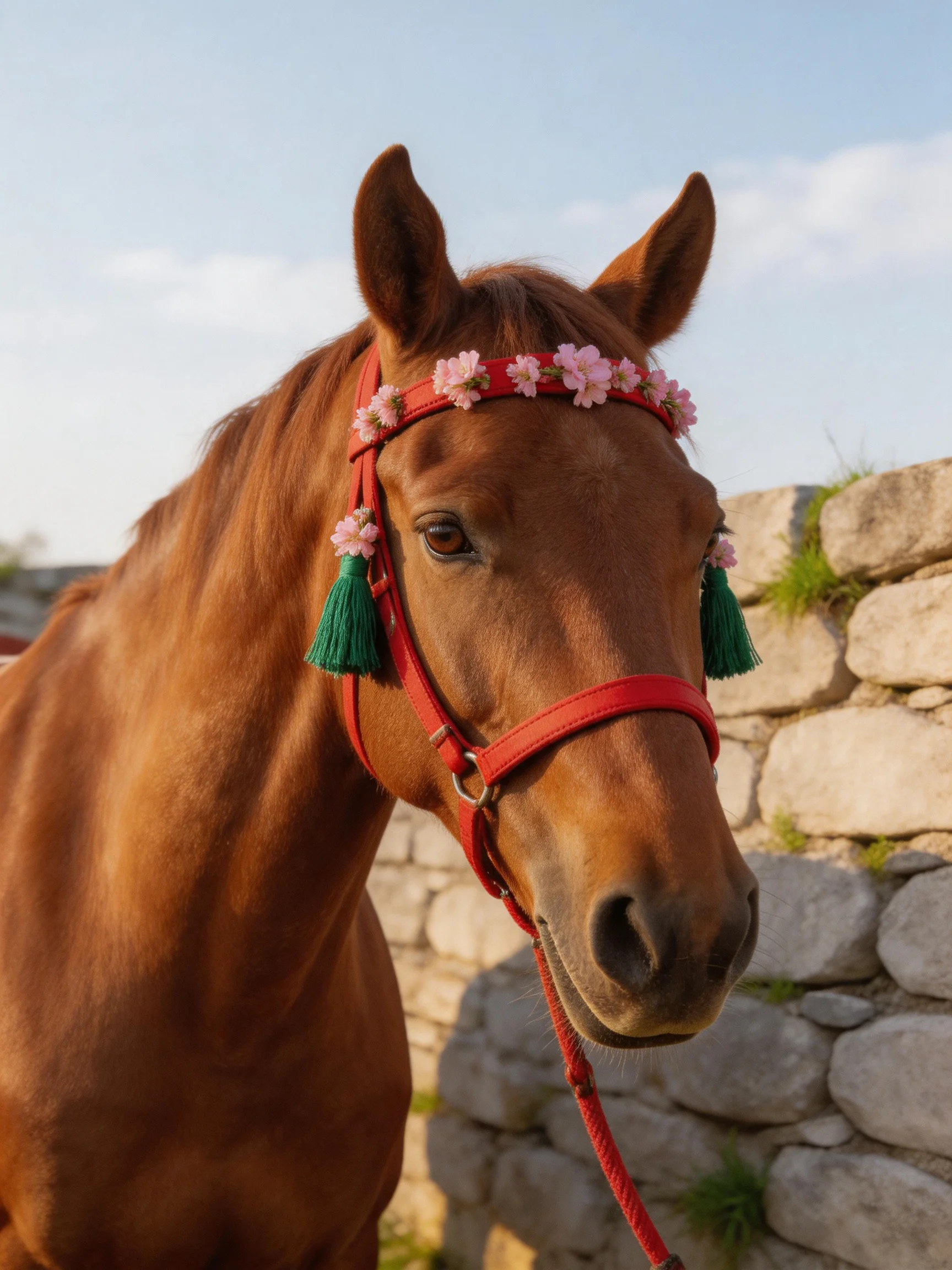 A chestnut horse with a red floral bridle near stone walls