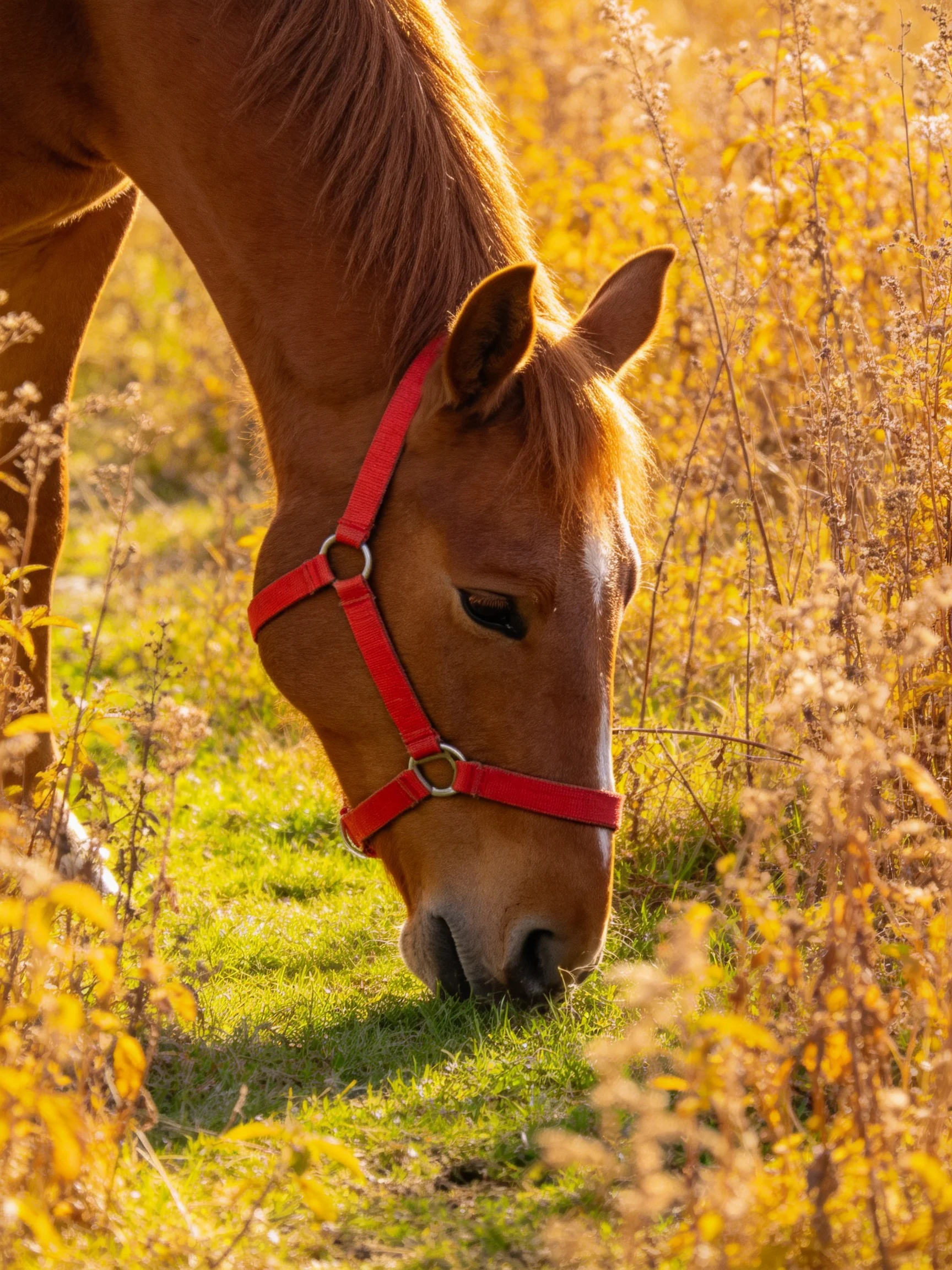 A chestnut horse with a red halter grazes in golden wildfields