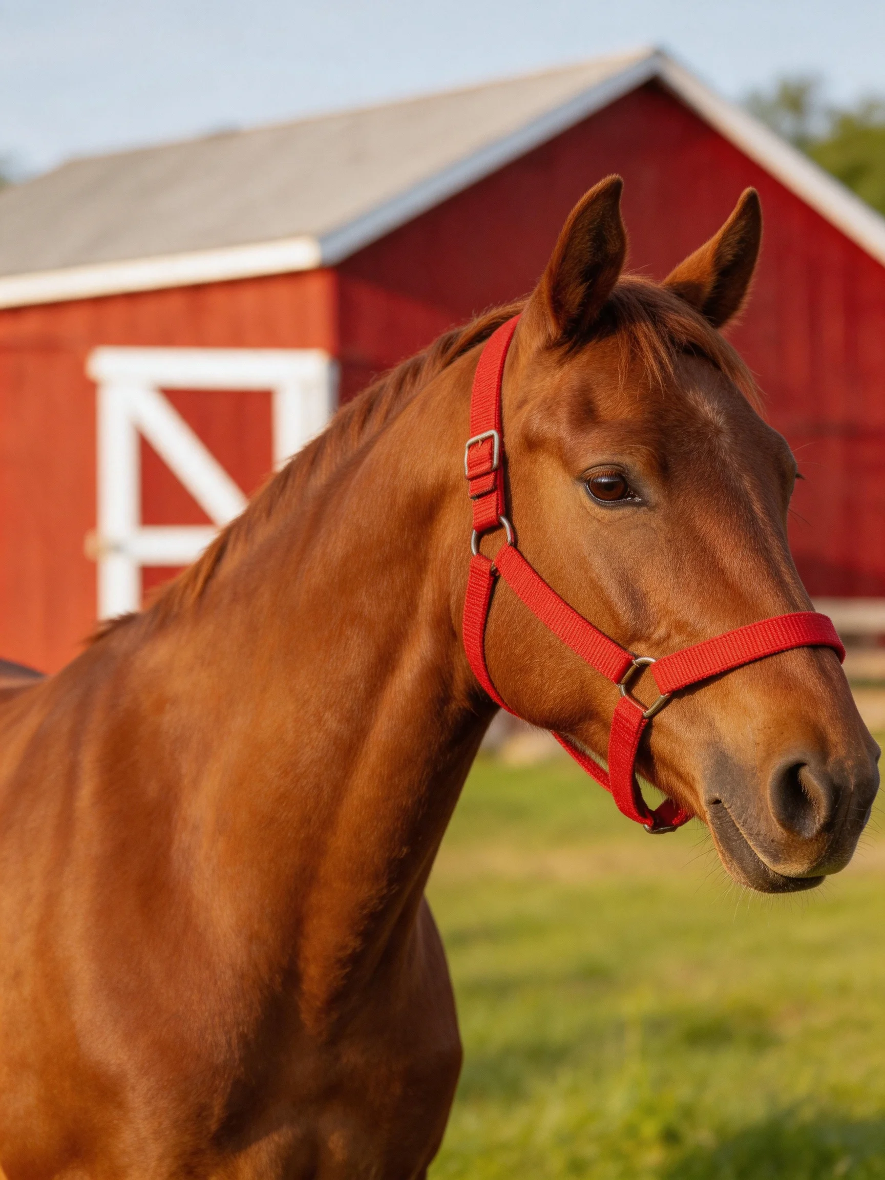 A chestnut horse with a red halter near a large red barn