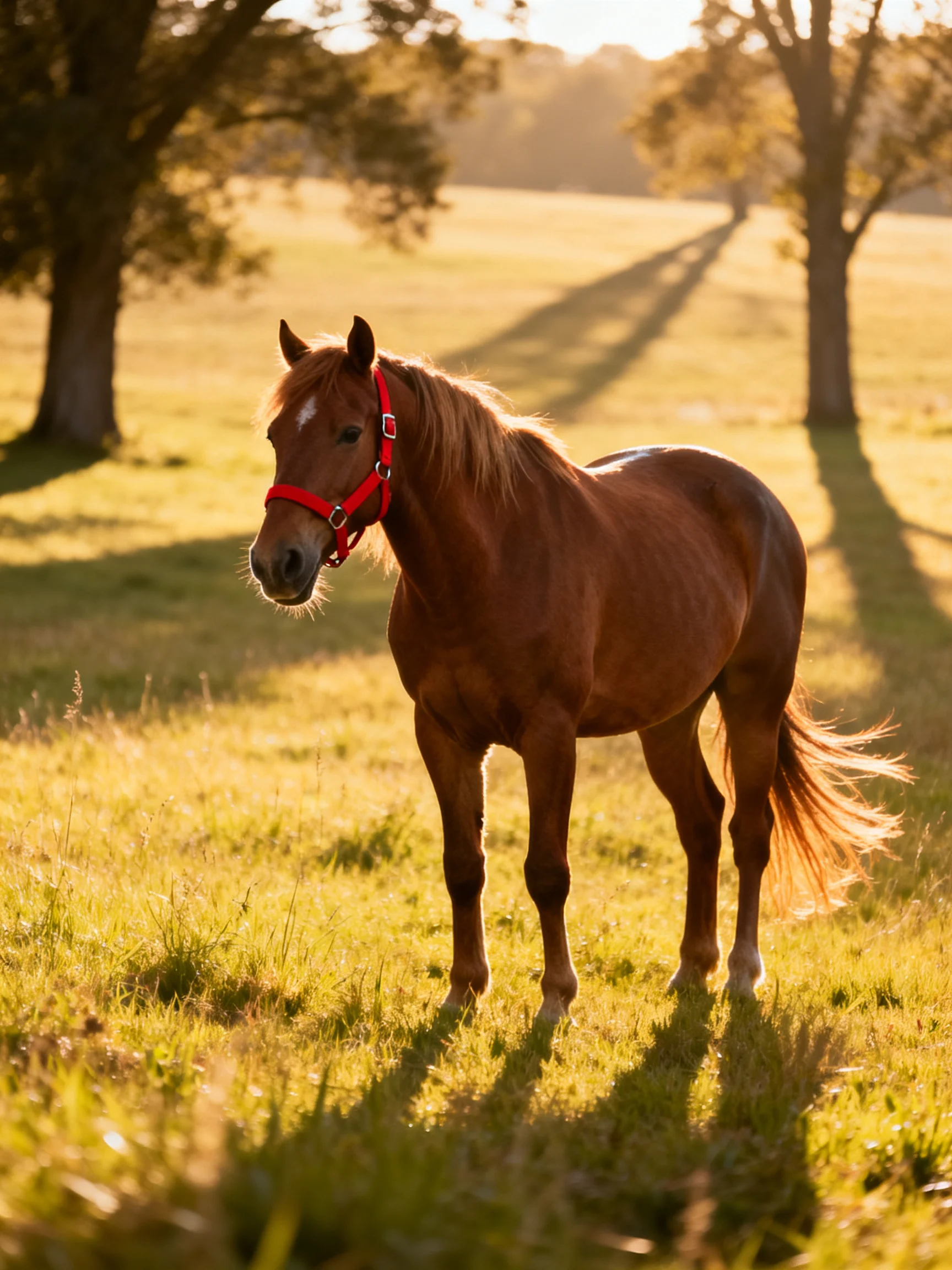 A chestnut horse with a red halter stands in a sunlit meadow