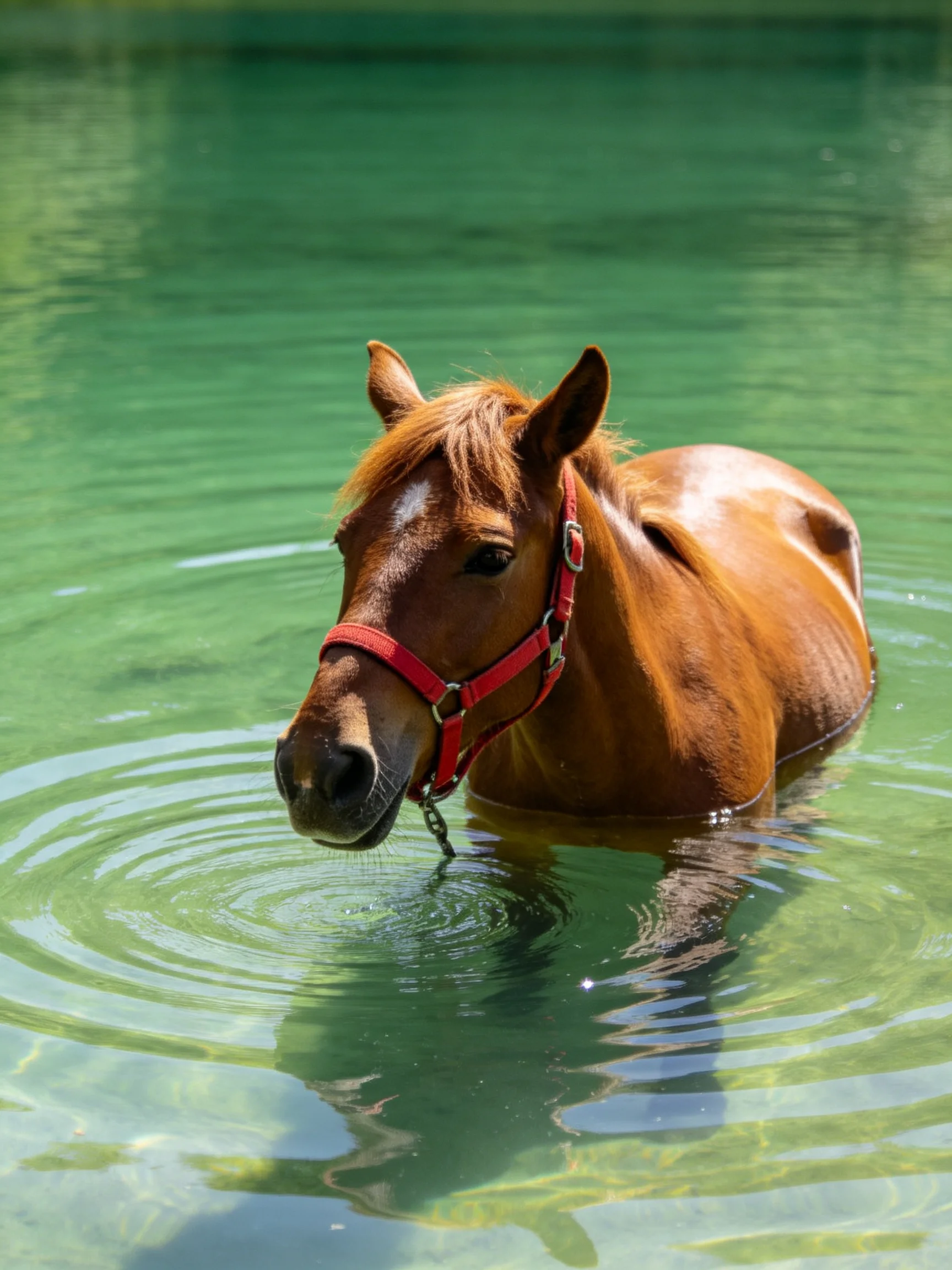 A brown horse wearing a red halter swims in calm green water