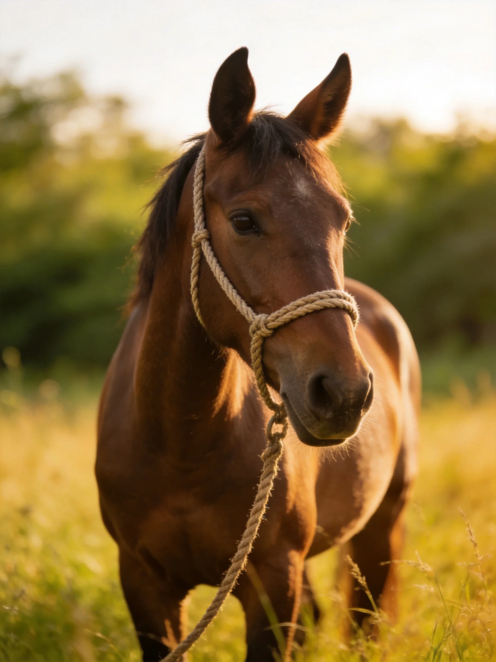 A chestnut horse with a rope halter in a sunlit grassy field