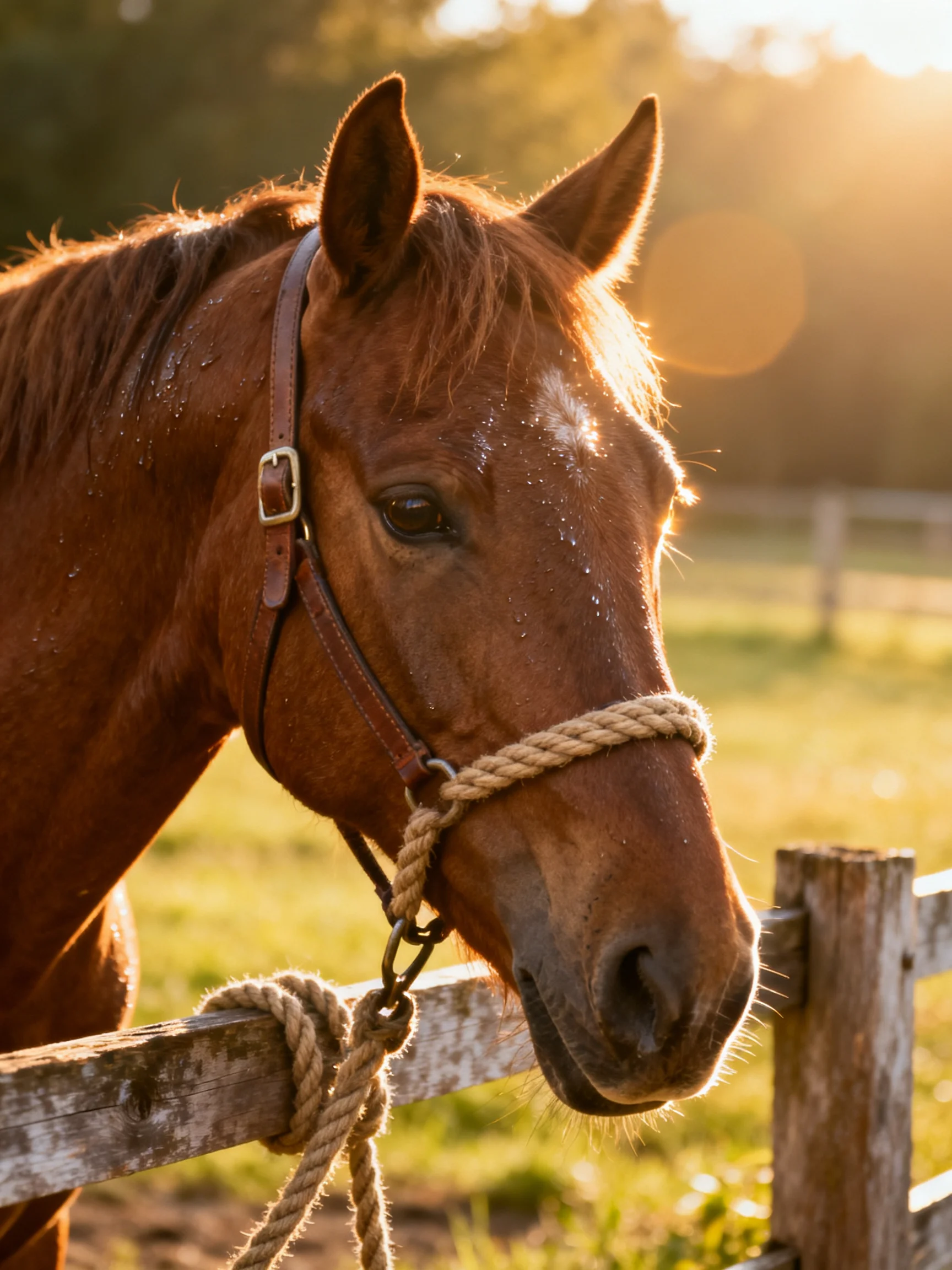 A chestnut horse with a rope halter near a wooden fence at golden hour