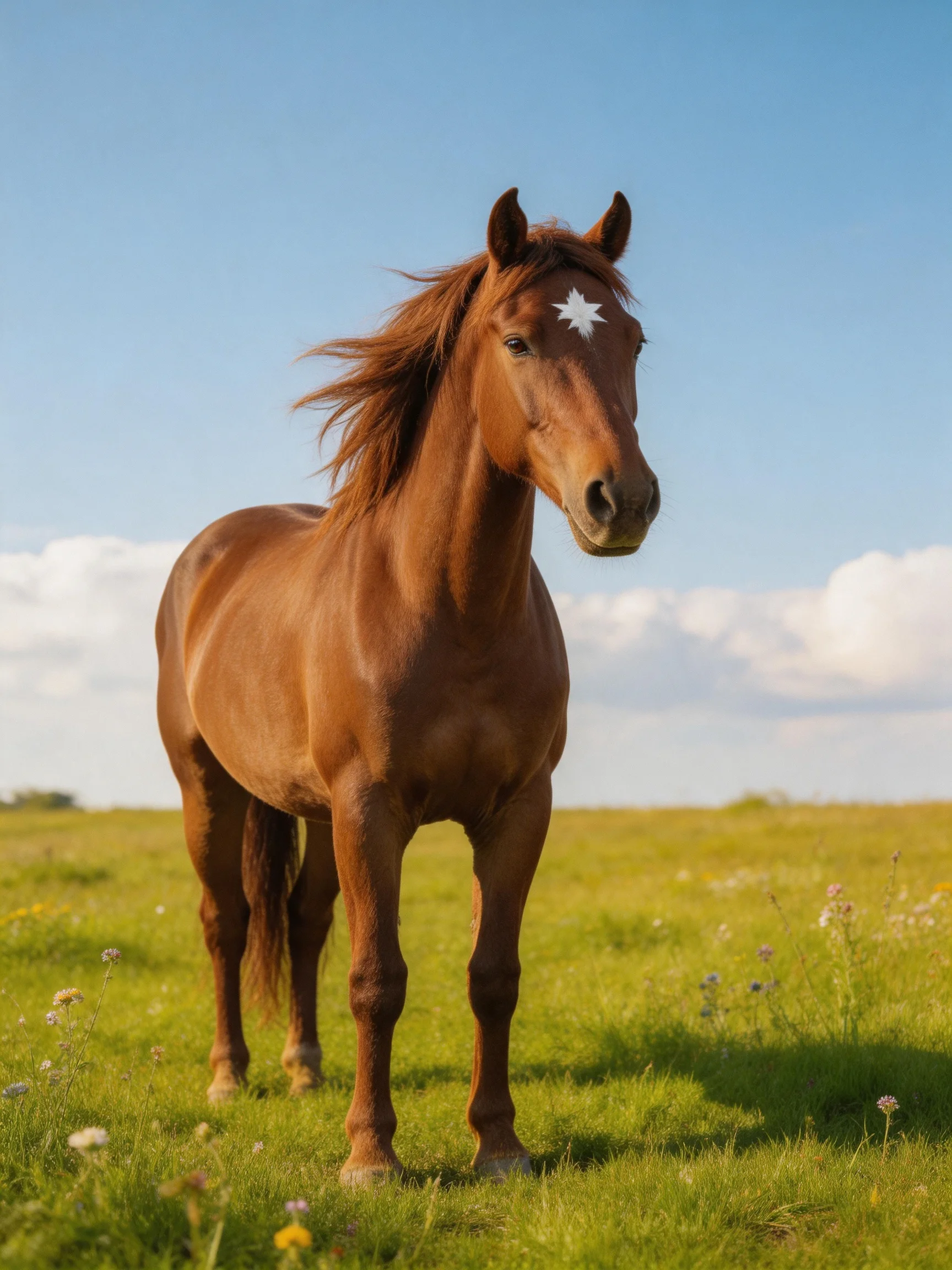 A chestnut horse with a star marking stands in a lush green meadow