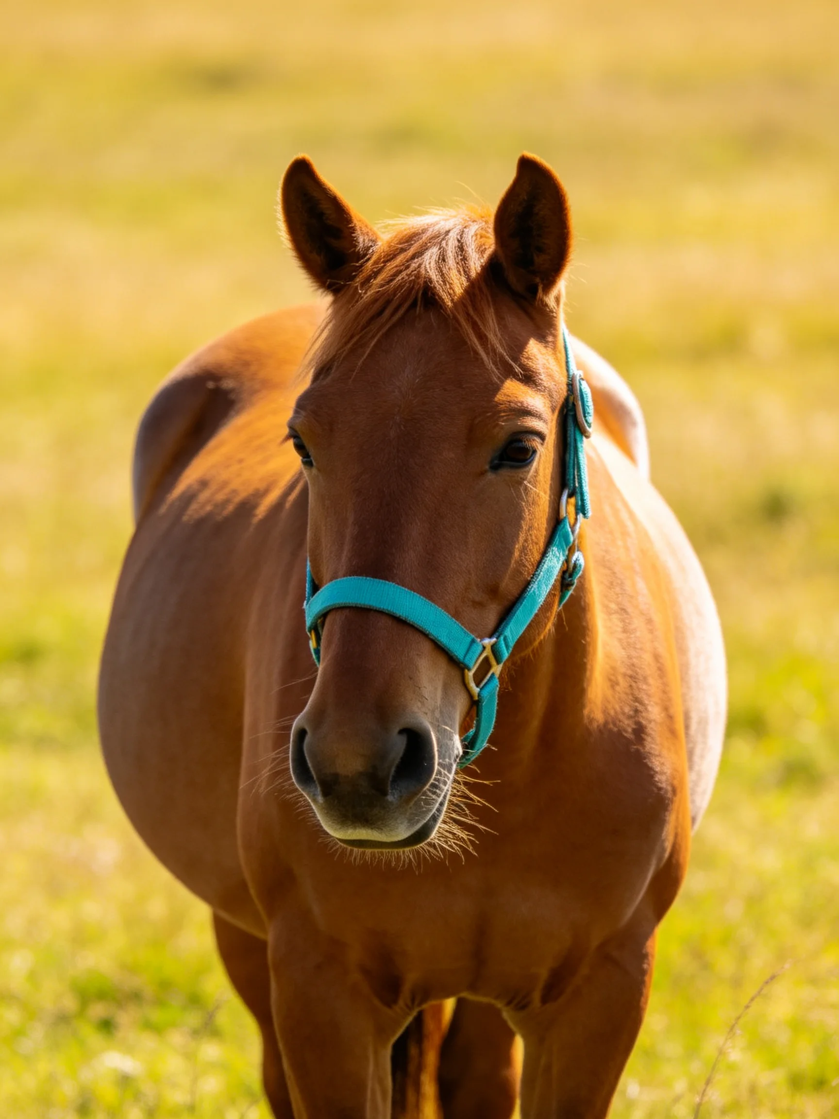 A chestnut horse with a turquoise halter stands in a sunlit meadow