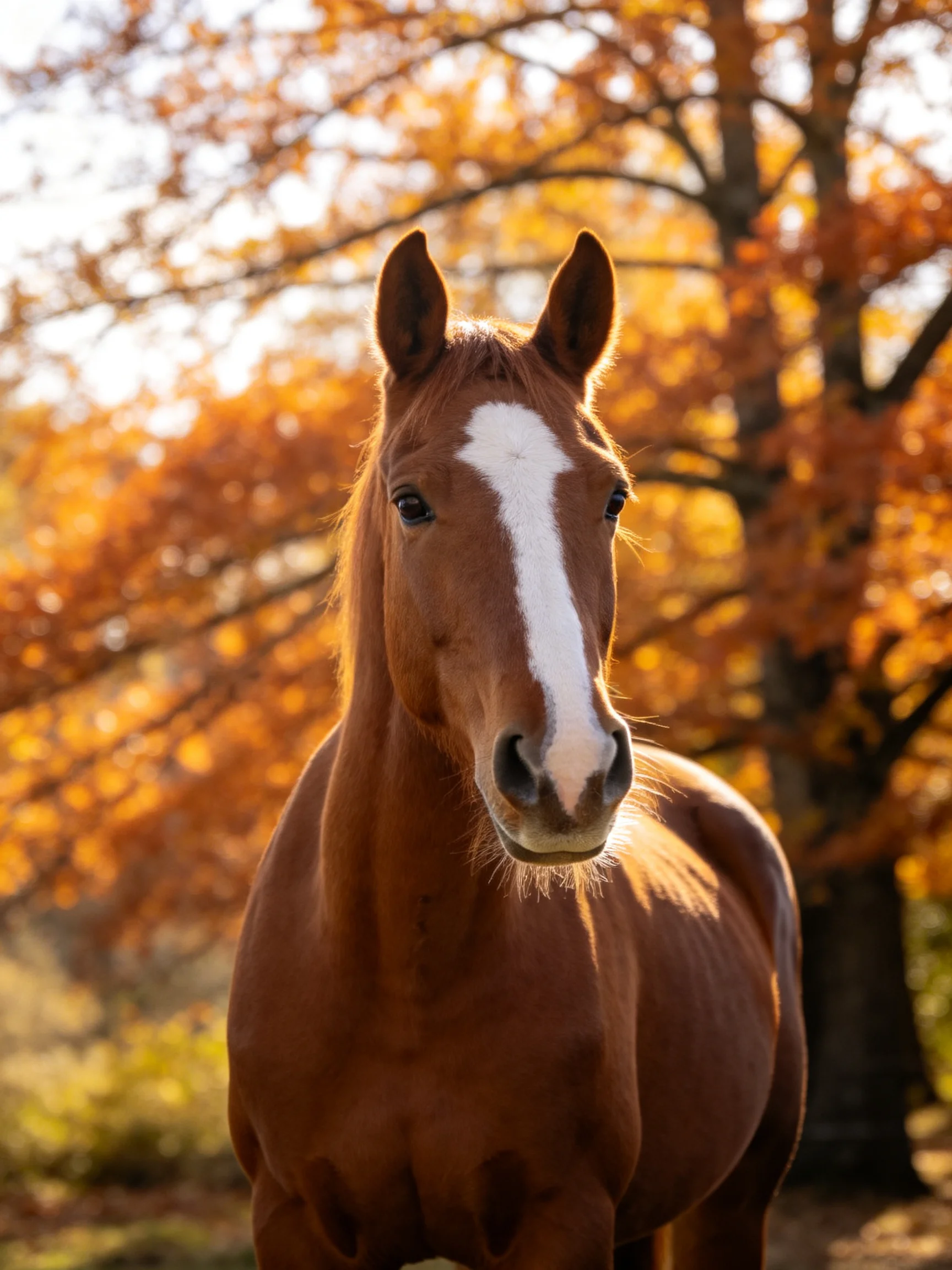 A chestnut horse with a white blaze stands before autumn trees.