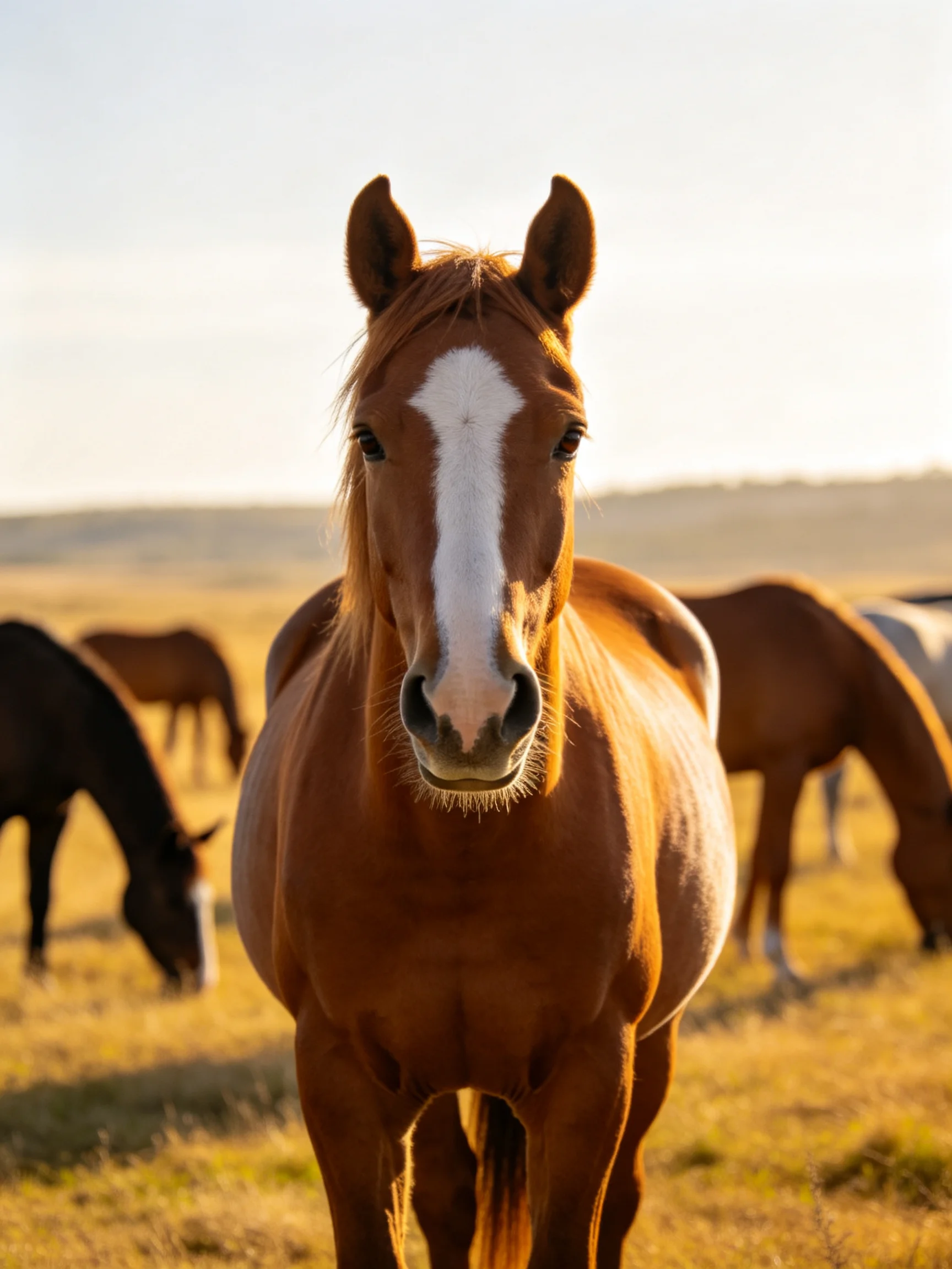 A chestnut horse with a white blaze is centered in a sunlit field with grazing companions.