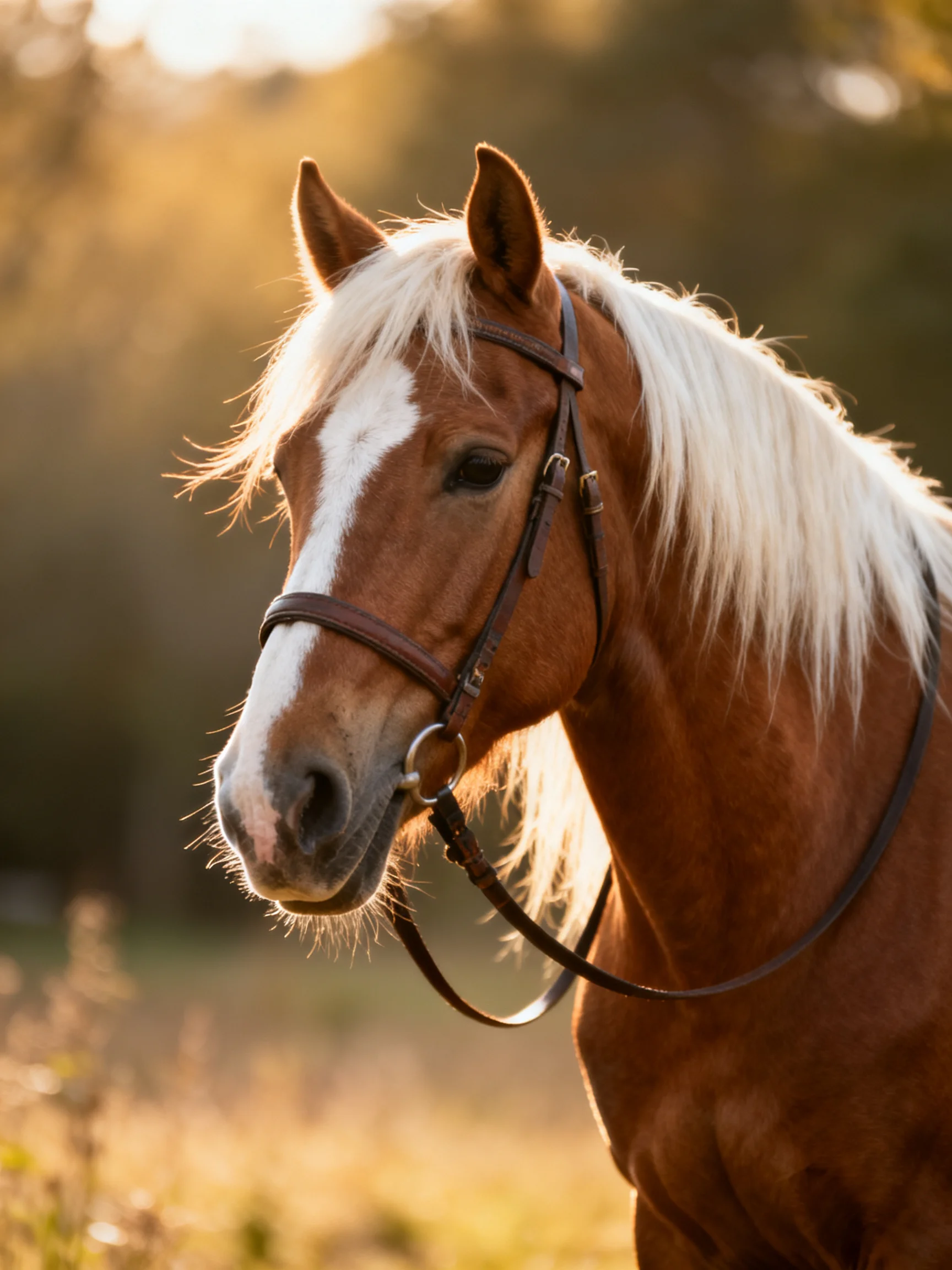 A chestnut horse with a white blaze and flowing mane