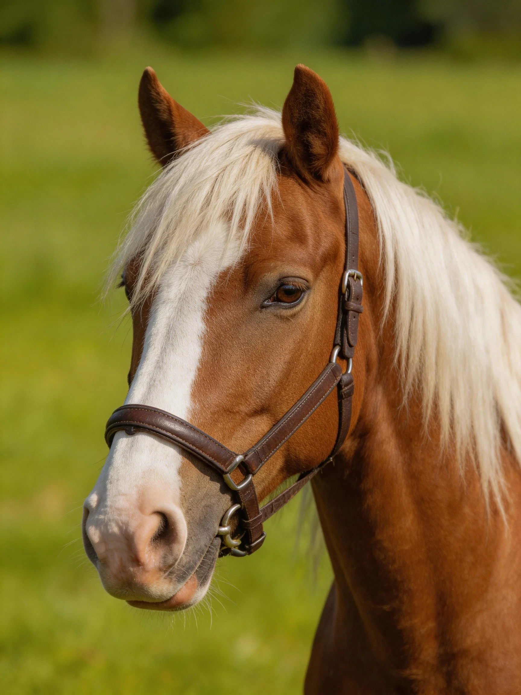 A chestnut horse with a white blaze and mane wears a brown halter in a green field