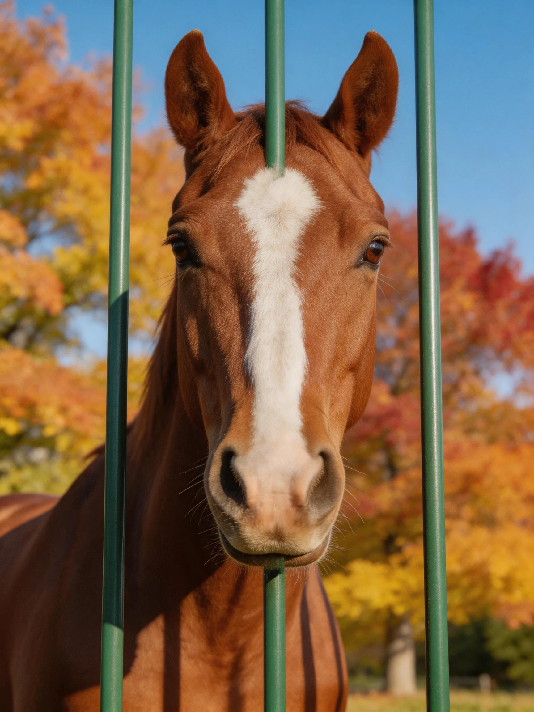 A chestnut horse with a white blaze stands behind green fence bars near colorful autumn trees.