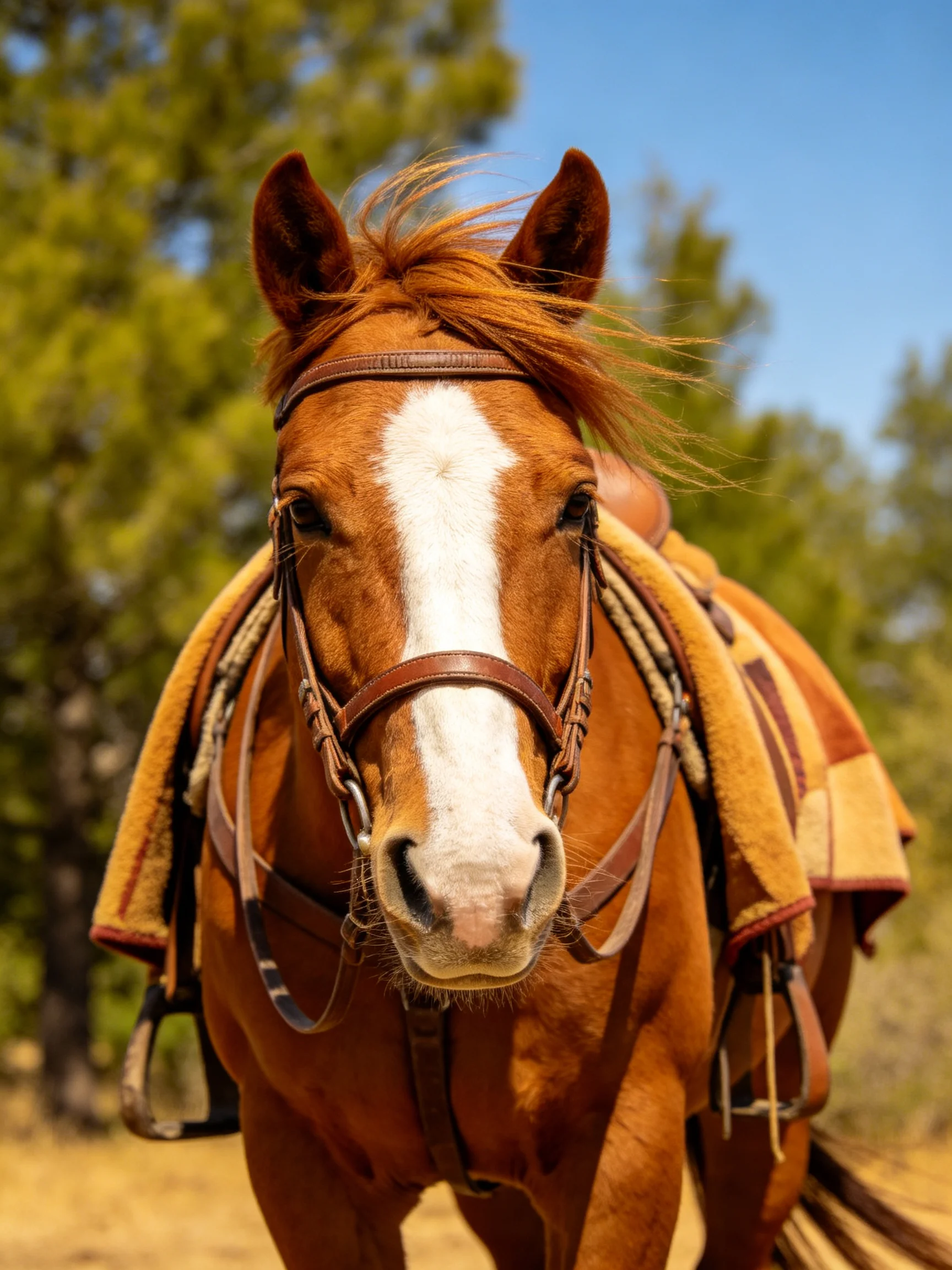 A chestnut horse with a white blaze, saddle, and blanket stands outdoors.