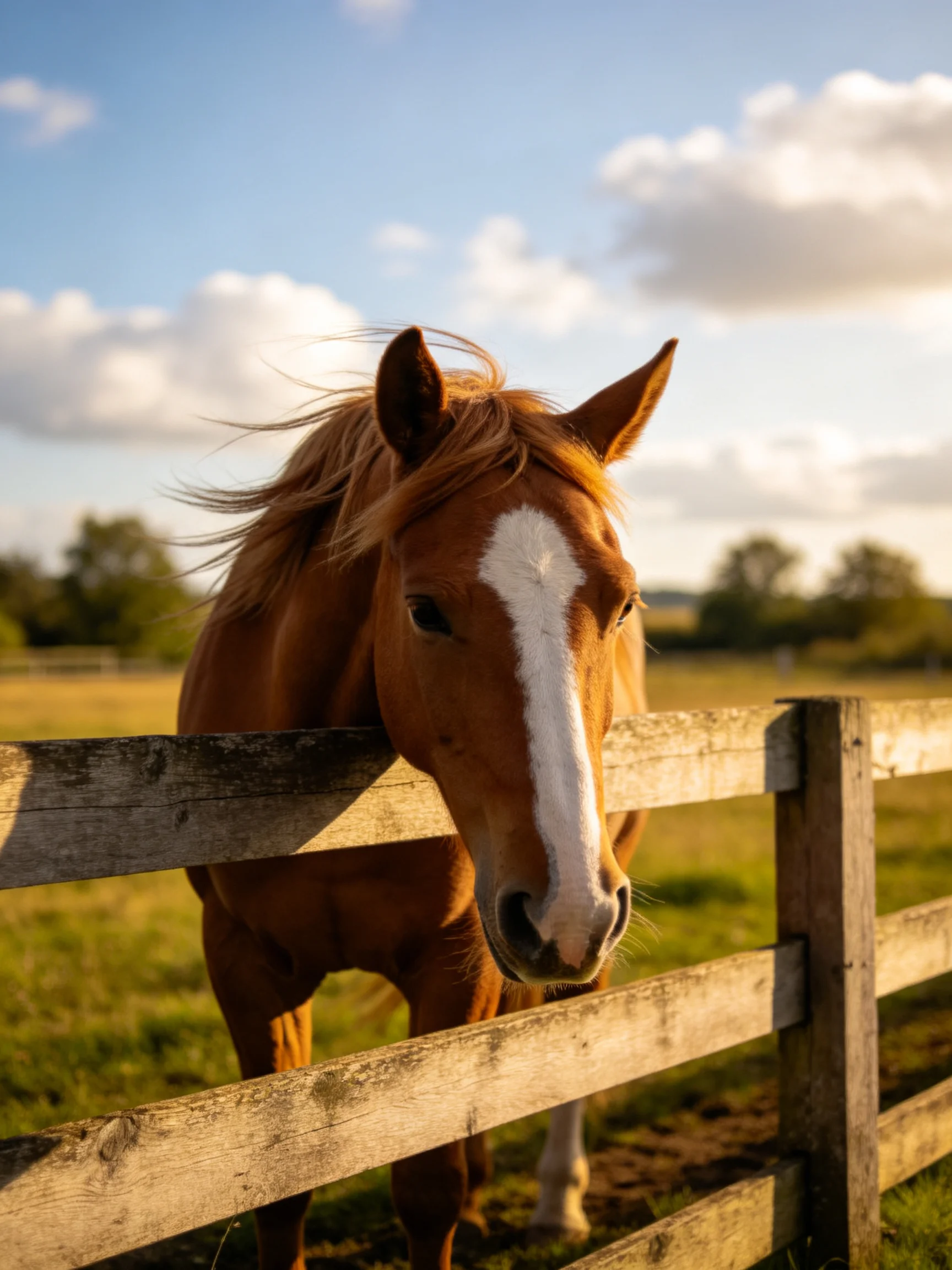 A chestnut horse with a white blaze stands by a wooden fence in a sunlit field.