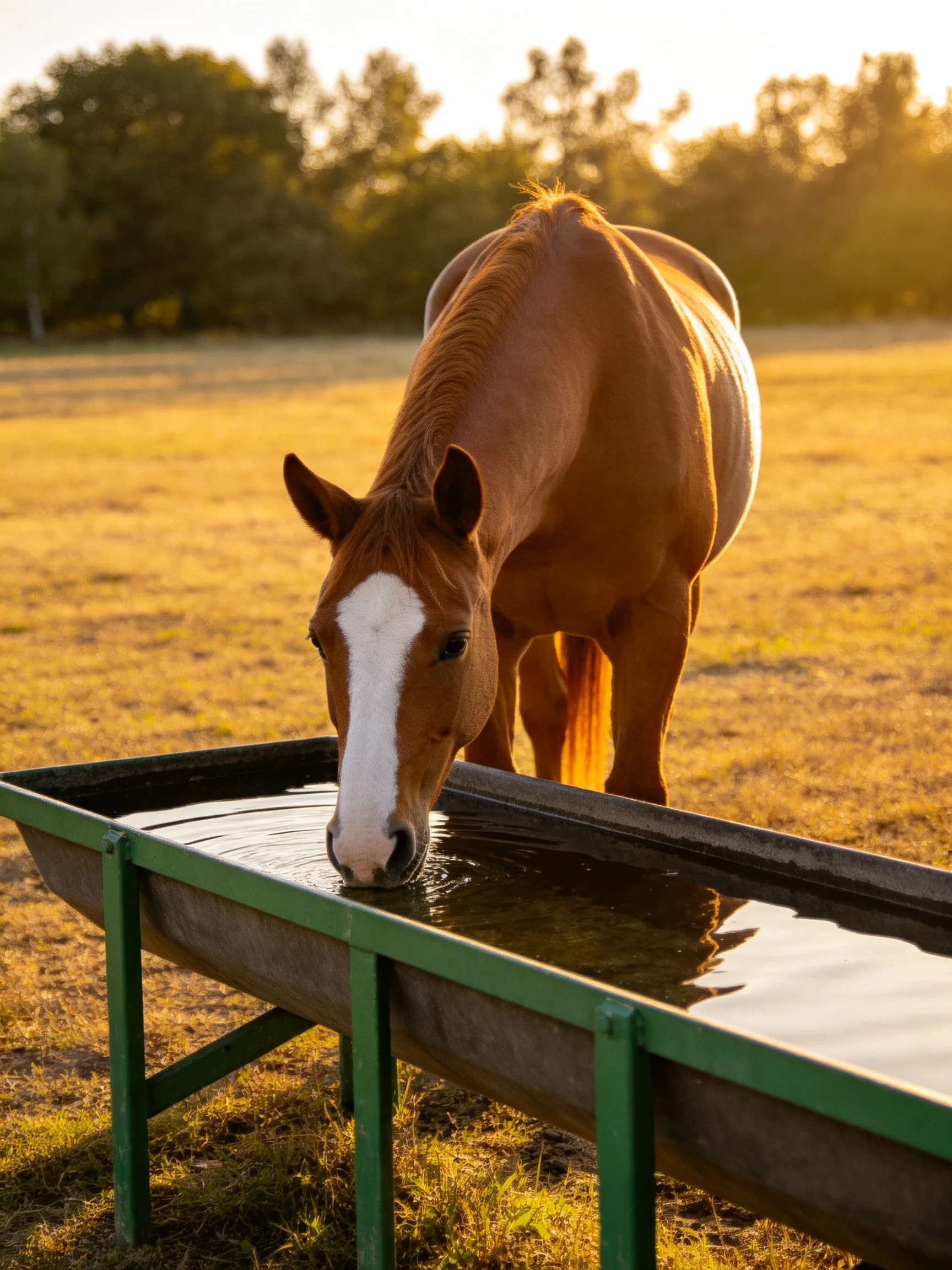 A chestnut horse with a white blaze drinks from a green trough in golden sunlight
