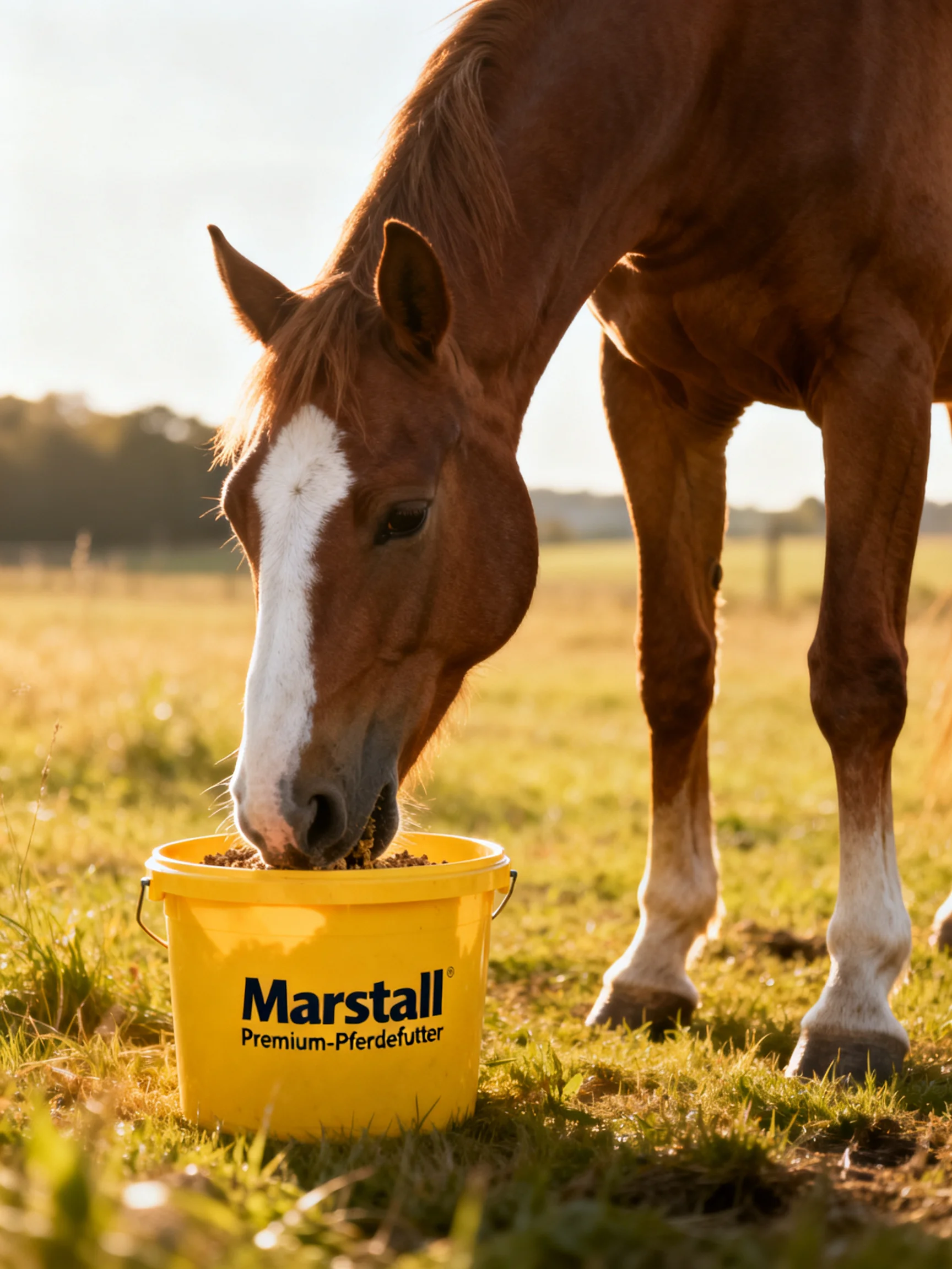 A chestnut horse with a white blaze eats from a bright yellow feed bucket