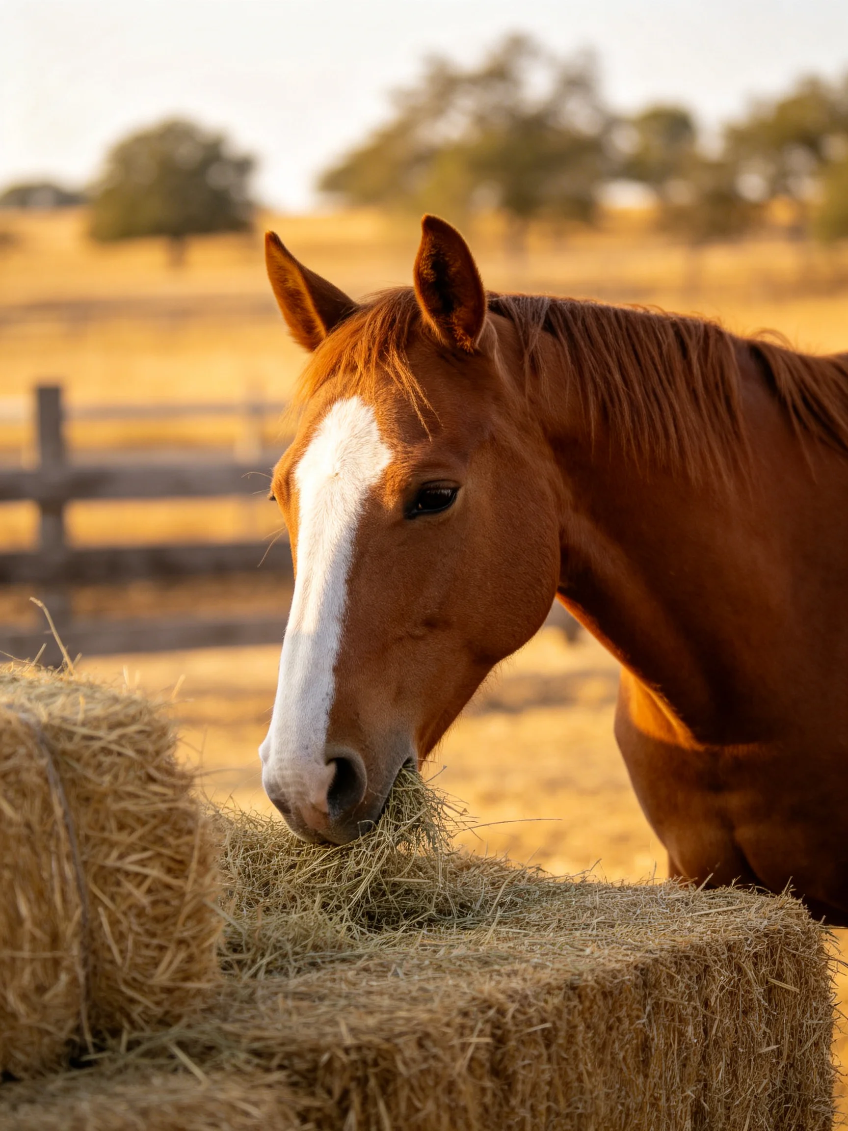 A chestnut horse with a white blaze feeds on hay bales in a sunlit rural setting.