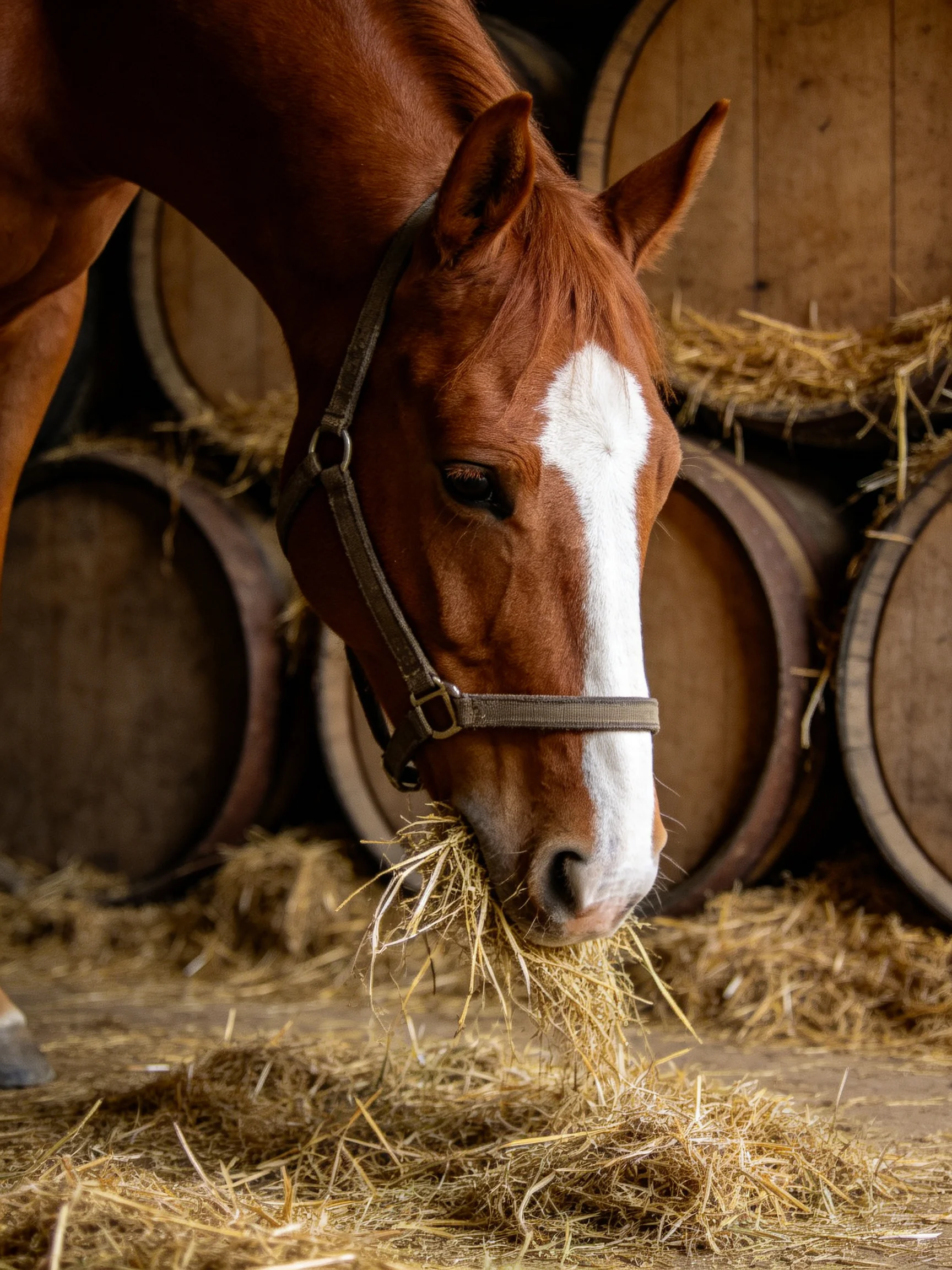 A chestnut horse with a white blaze eats hay near wooden barrels