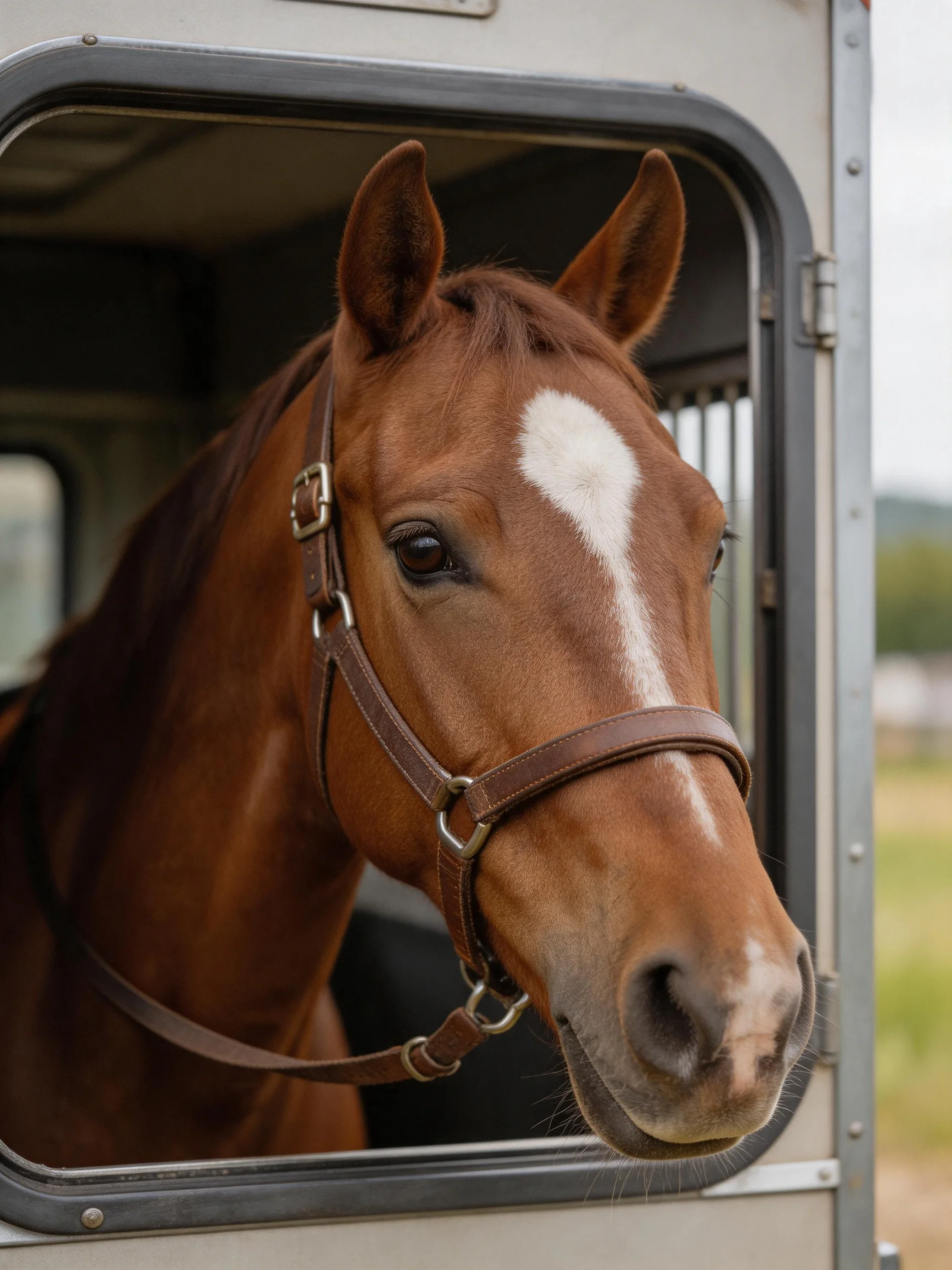 A chestnut horse with a white blaze looks out from a metal trailer.