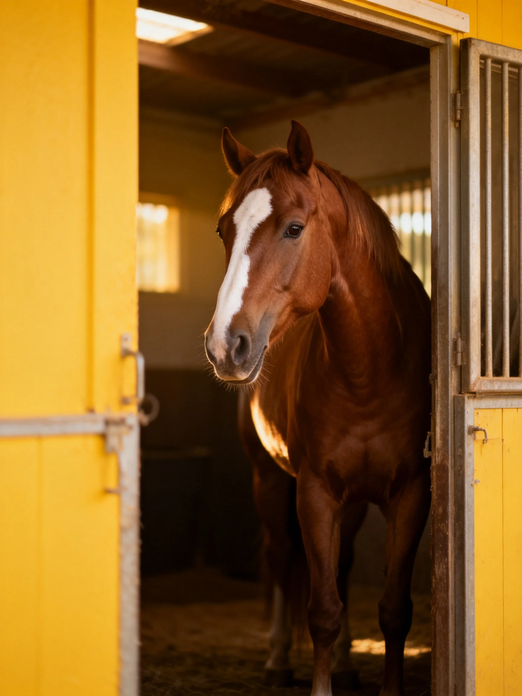 A chestnut horse with a white blaze exits a bright yellow stable
