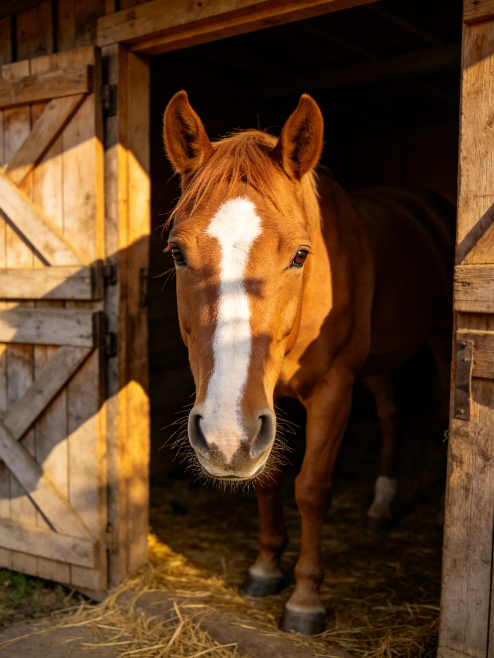 A chestnut horse with a white blaze exits an aged wooden stable