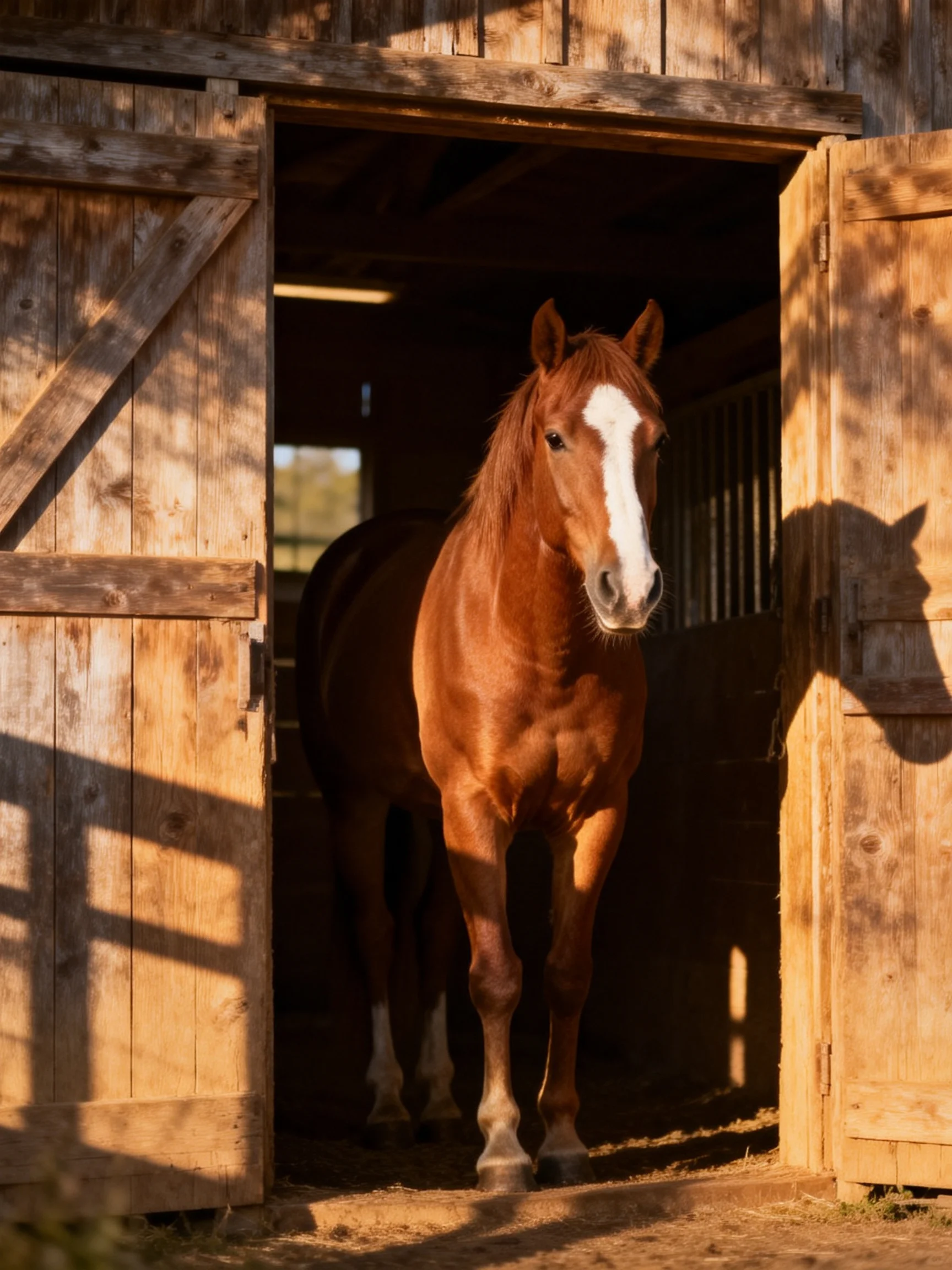 A chestnut horse with a white blaze exits an aged wooden stable