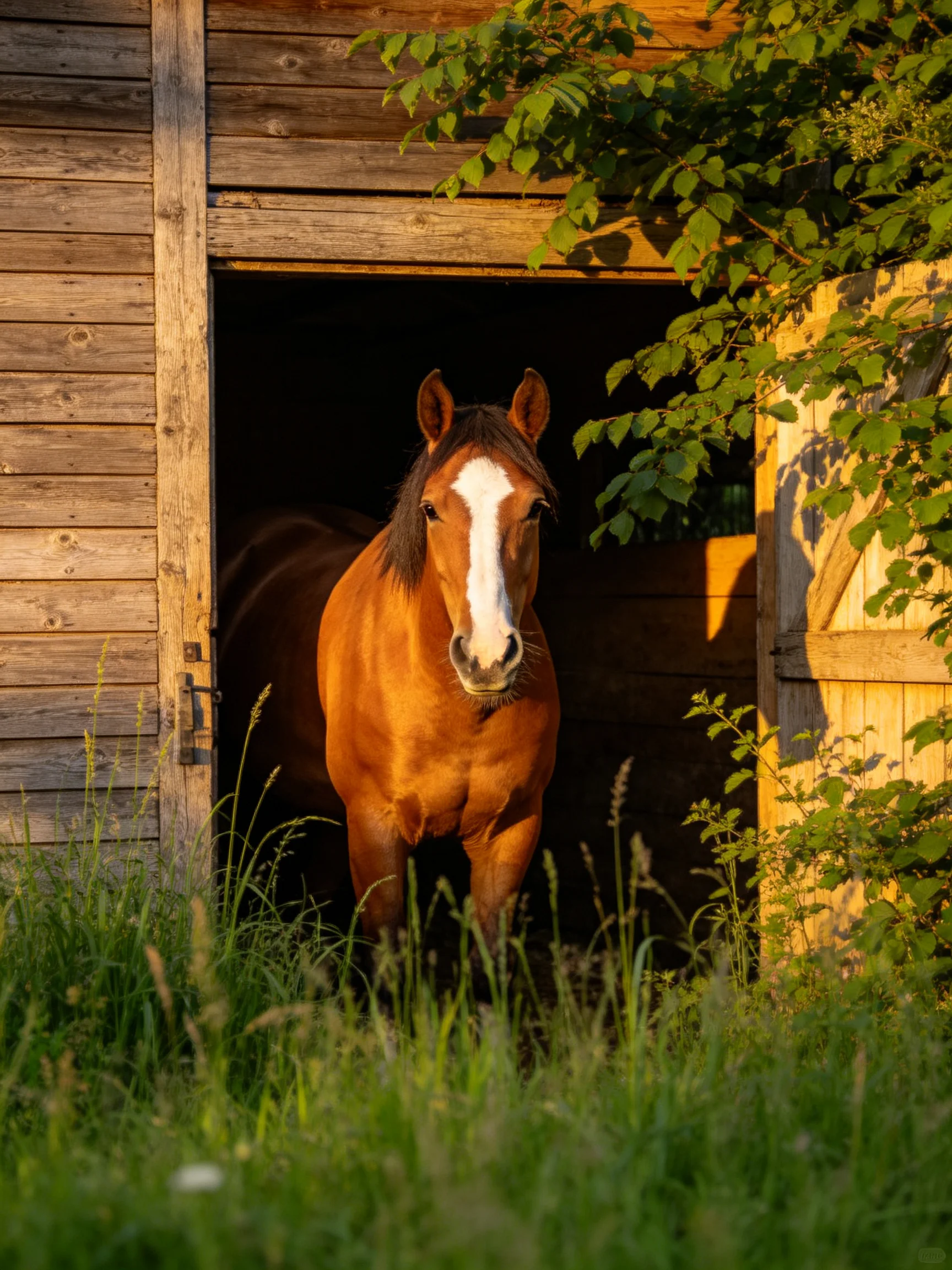A chestnut horse with a white blaze steps out of a rustic wooden barn into tall green grass.