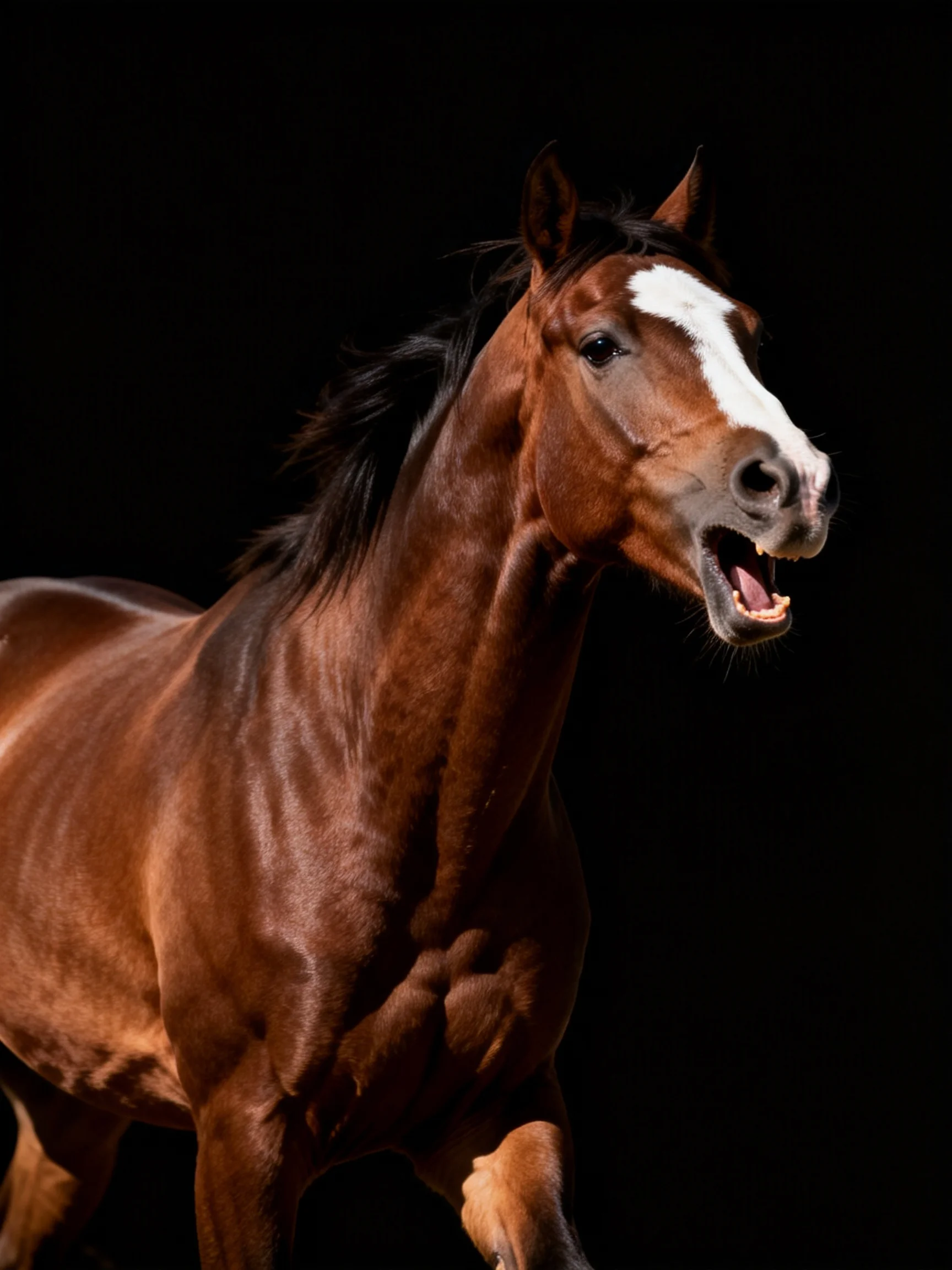 Chestnut horse with white blaze gallops against dark backdrop.