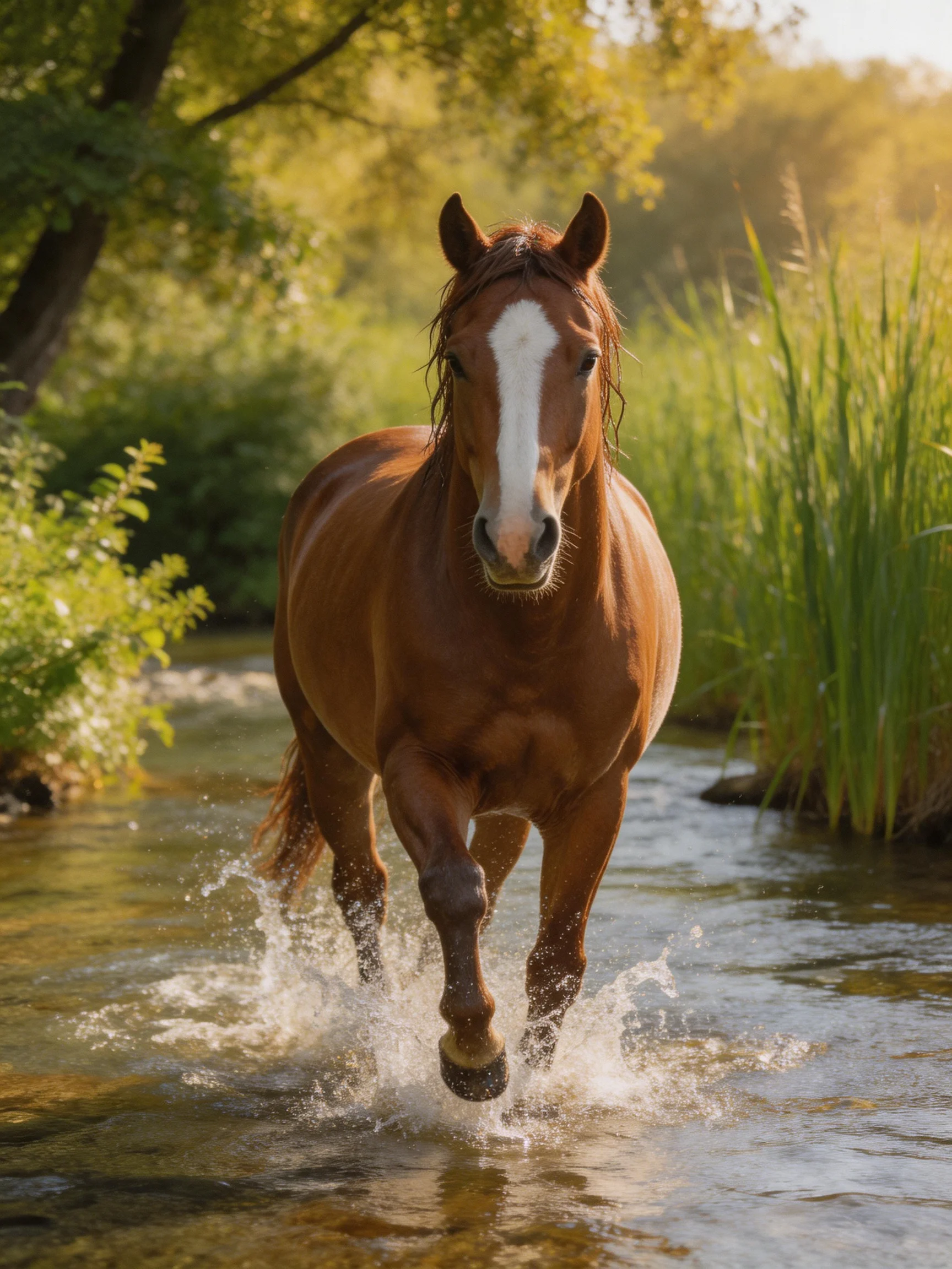 A chestnut horse with a white blaze runs through a sunlit stream.