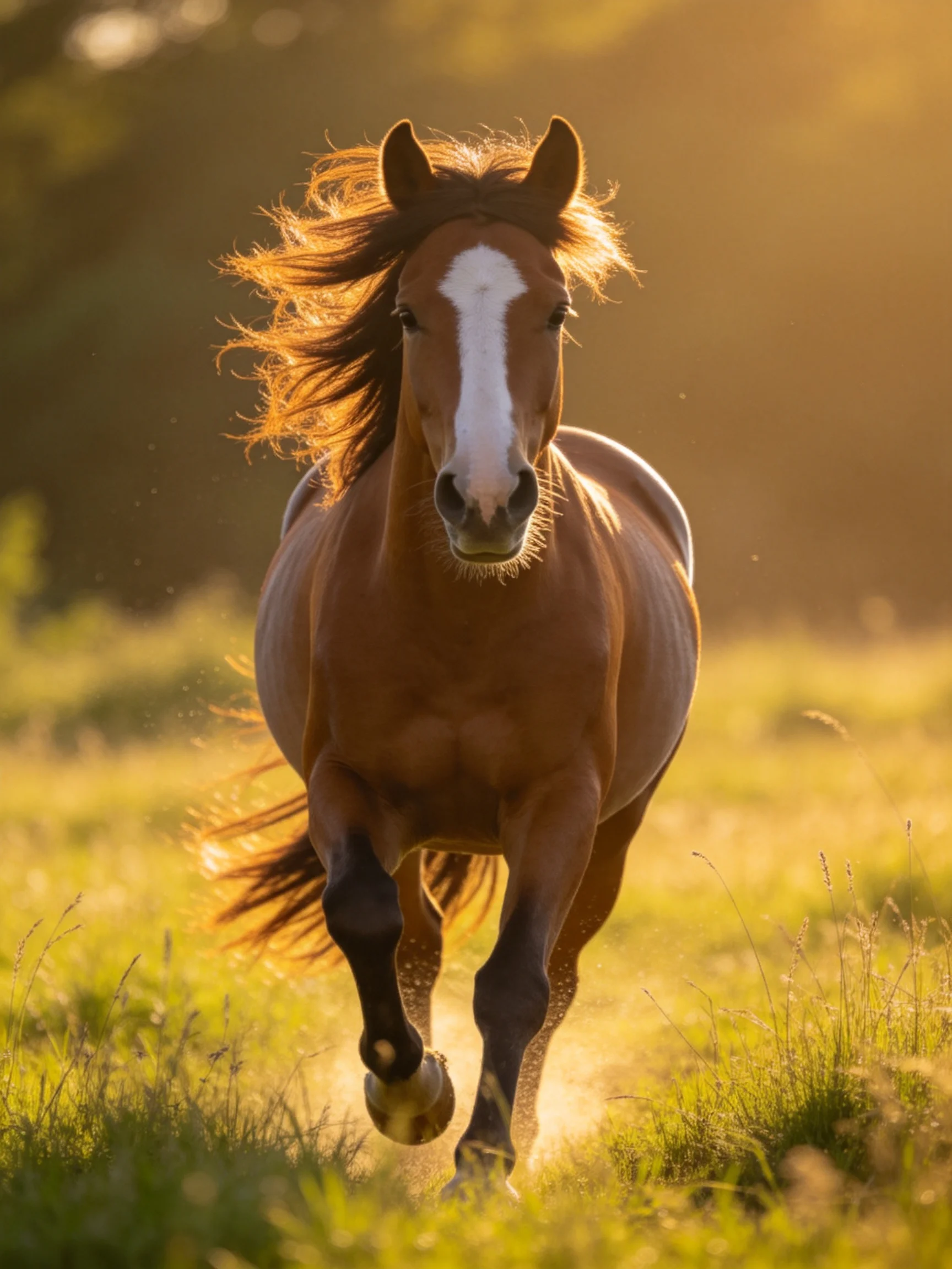 A chestnut horse with a white blaze runs through sunlit grassy terrain.