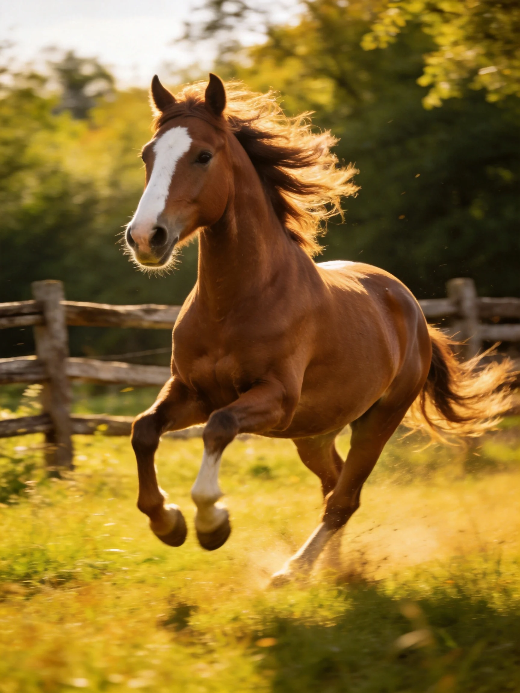 A chestnut horse with a white blaze galloping through golden grass near wooden fences