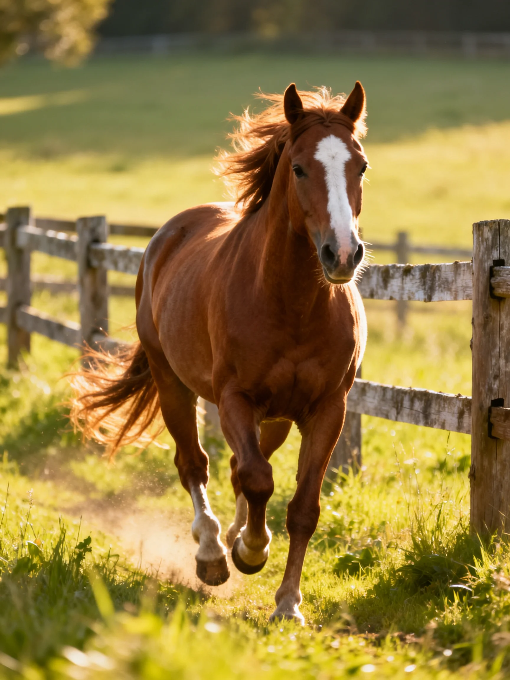 A chestnut horse with a white blaze runs near a wooden fence in a sunlit pasture.