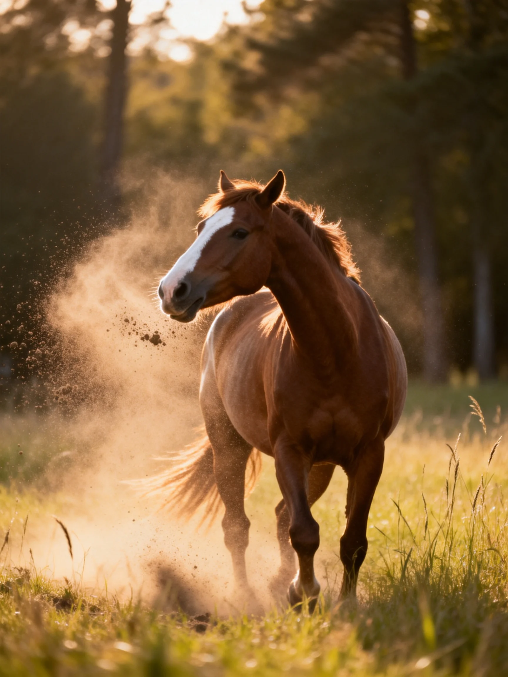 A chestnut horse with a white blaze gallops through a dusty meadow near trees