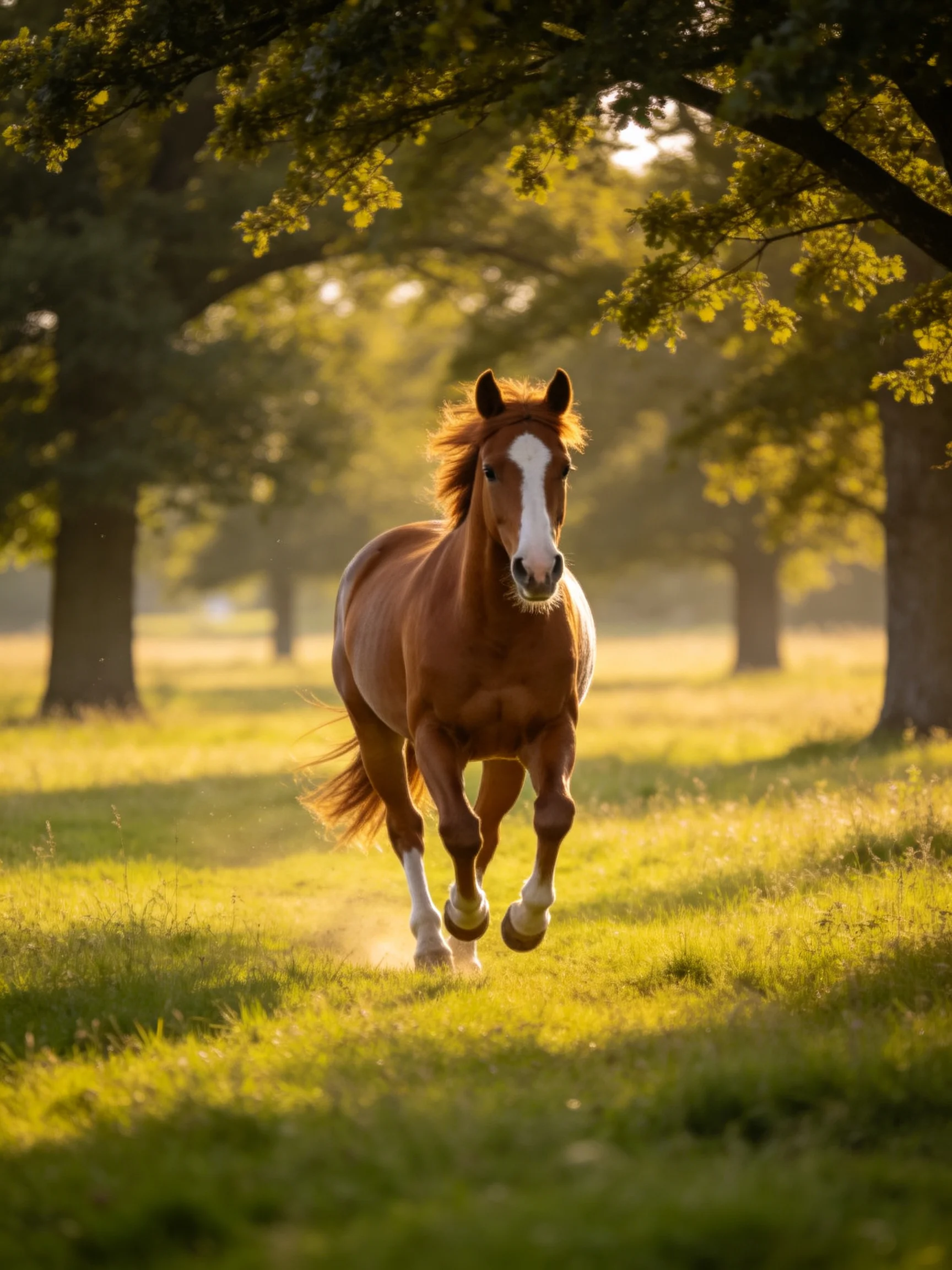 A chestnut horse runs through a sunlit forest meadow.