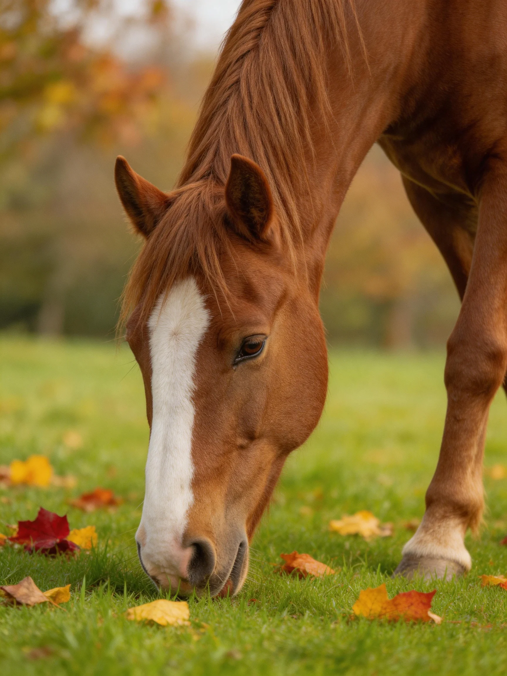 A chestnut horse with a white blaze grazes among colorful fallen leaves