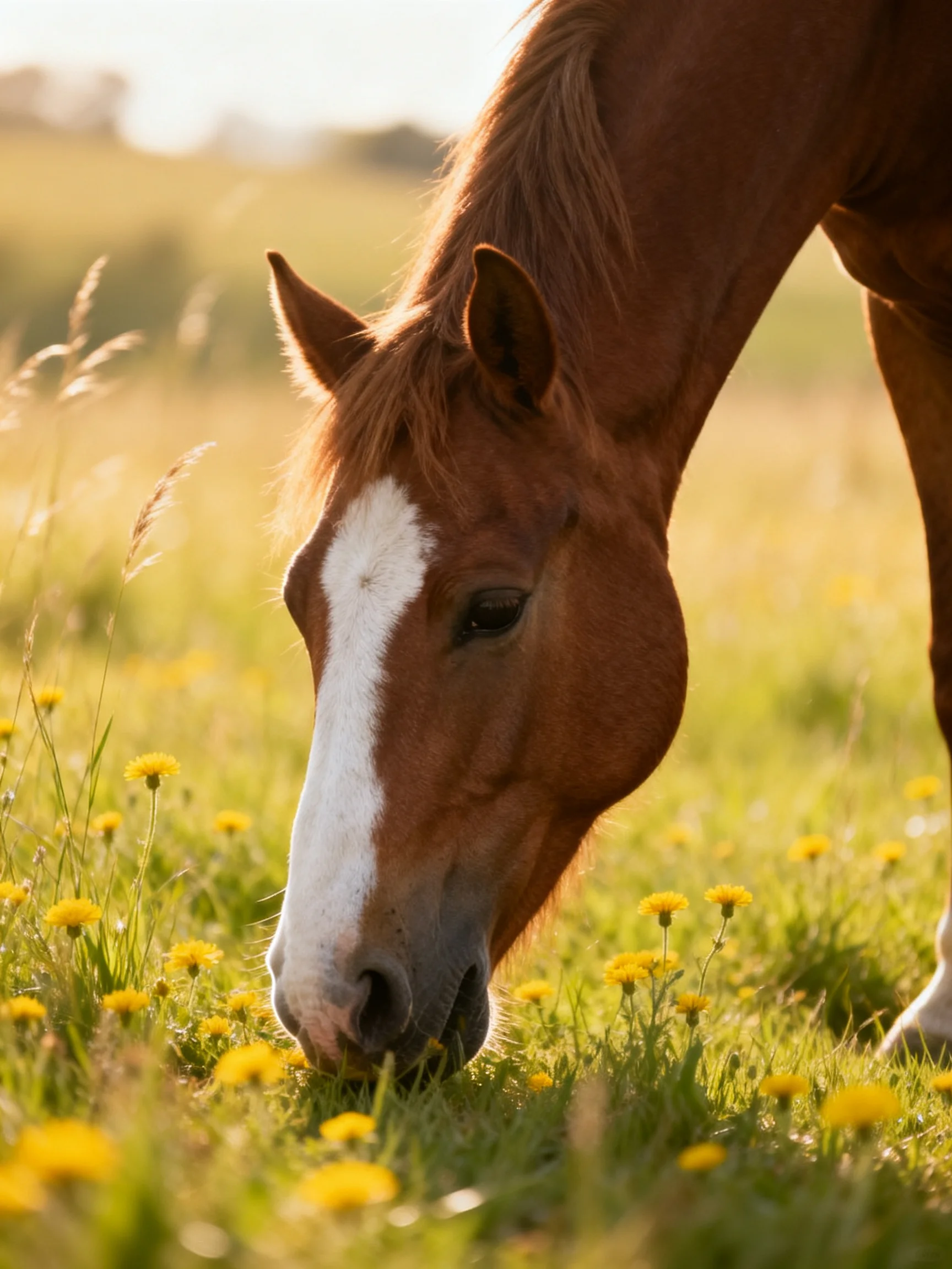 A chestnut horse with a white blaze grazes among yellow wildflowers