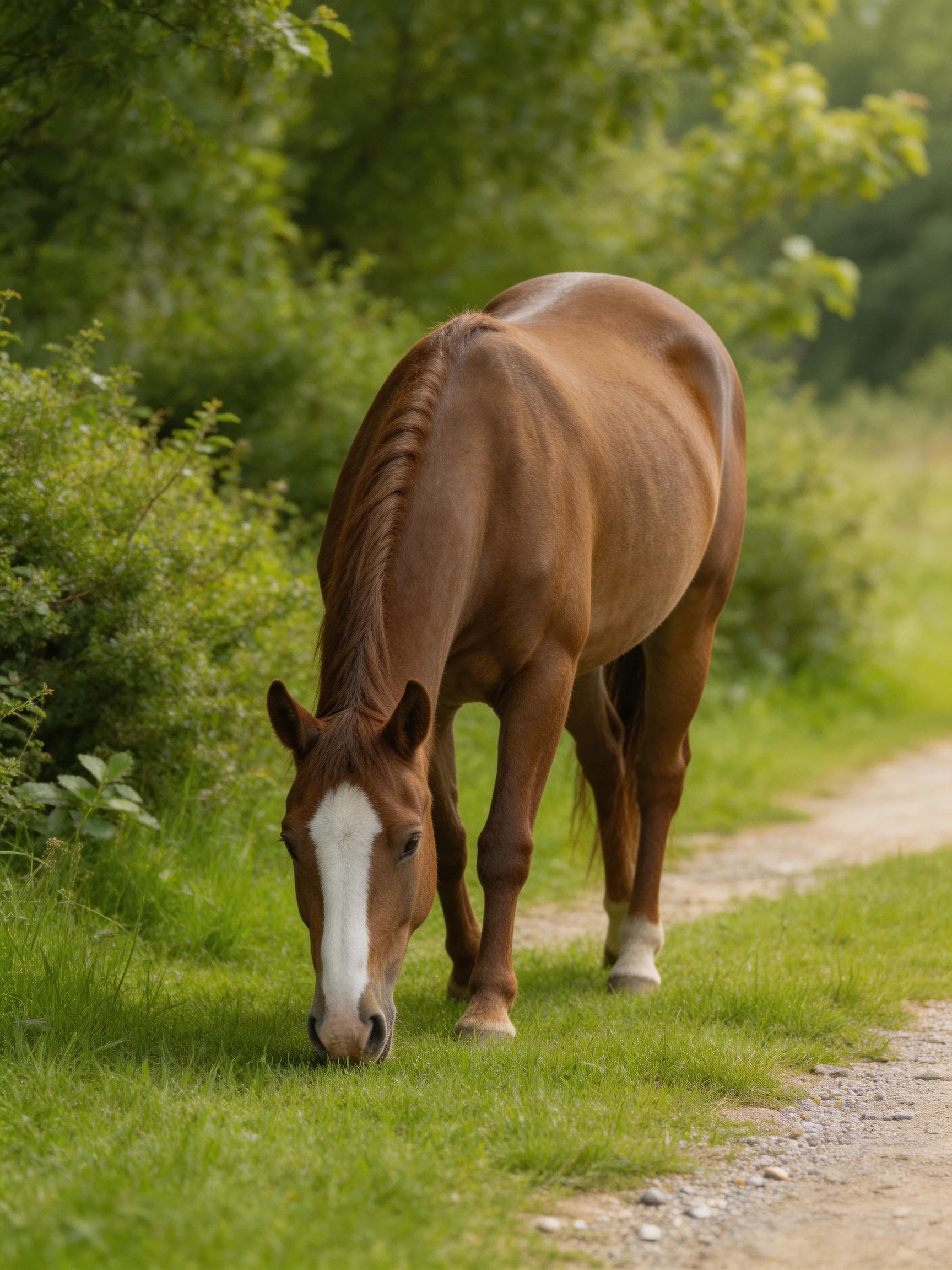 A chestnut horse with a white blaze grazes on grass beside a dirt path surrounded by greenery.