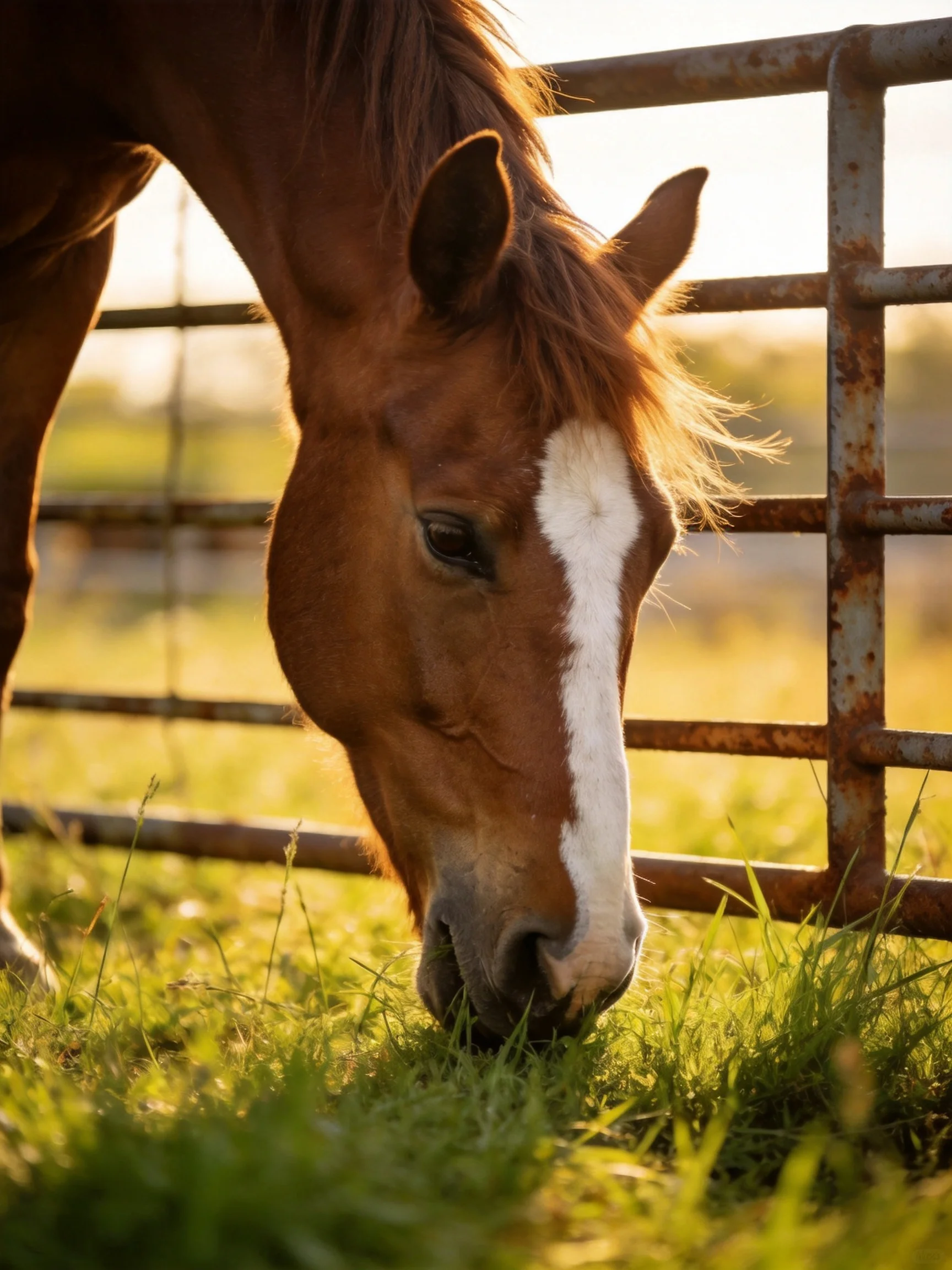 A brown horse with a white stripe grazes near a rusty metal fence.