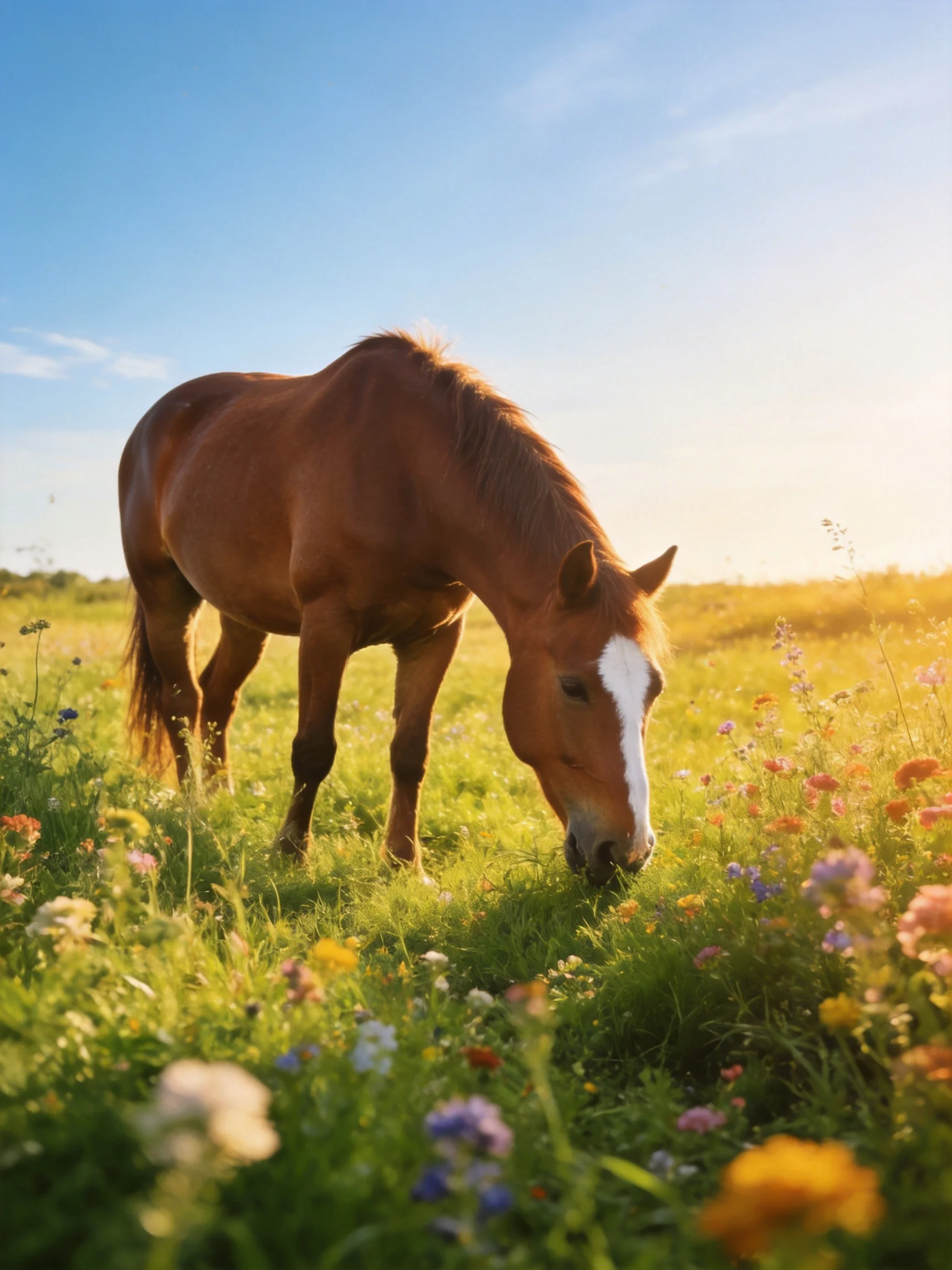 A horse grazes among colorful flowers in a sunlit open field.