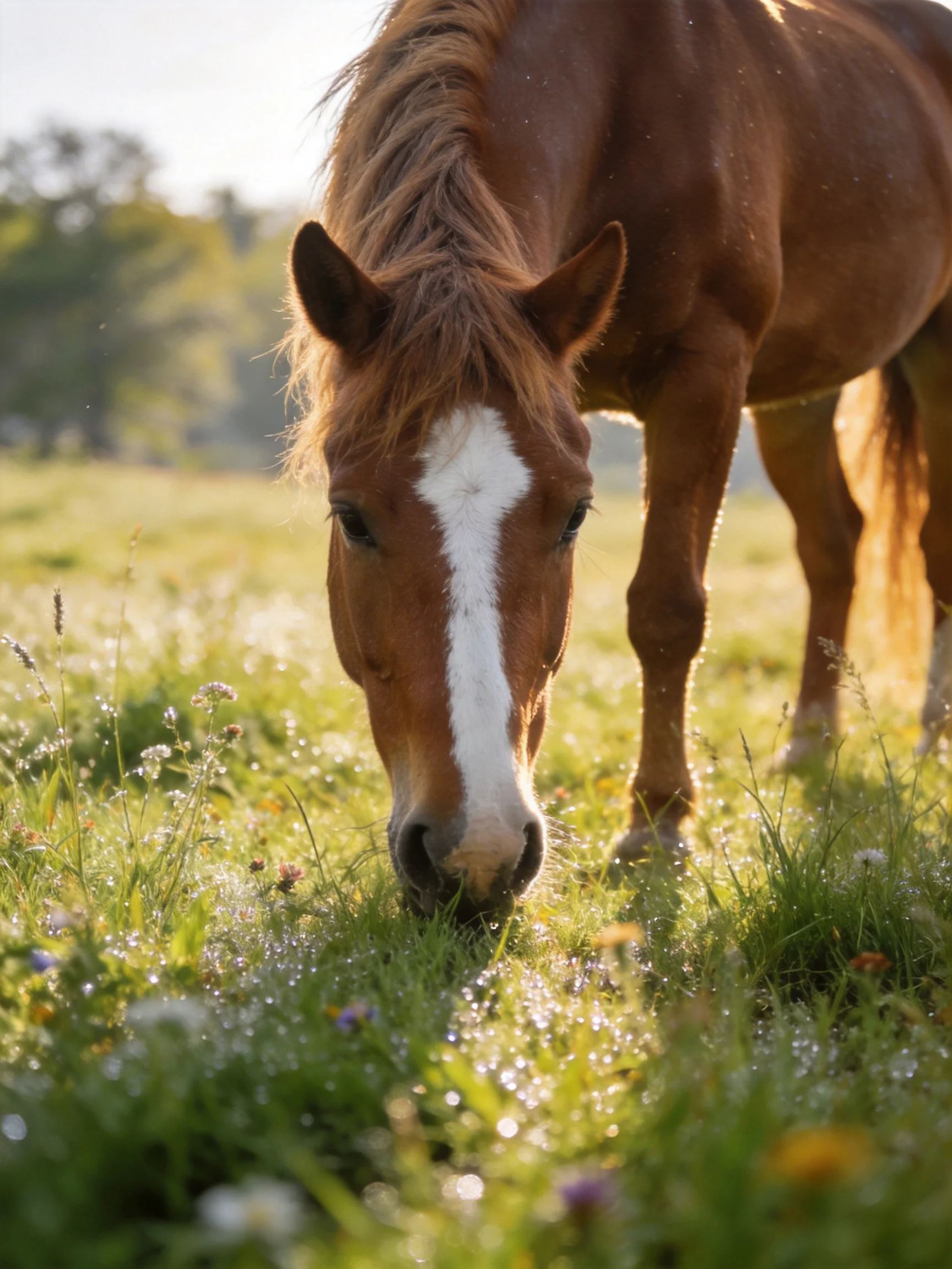 A chestnut horse with a white stripe grazes in a sunlit meadow.