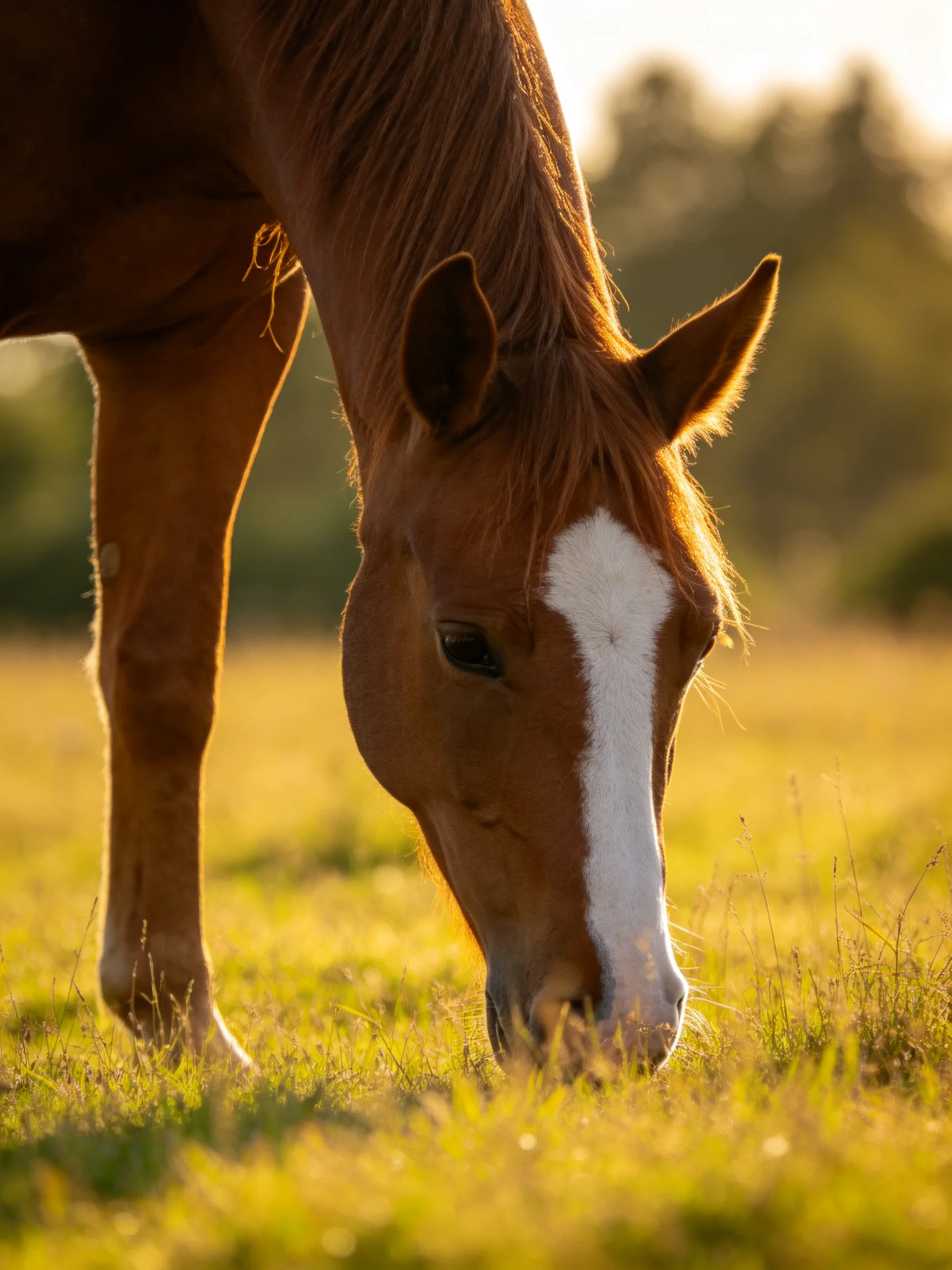 A chestnut horse with a white blaze grazes in a golden meadow