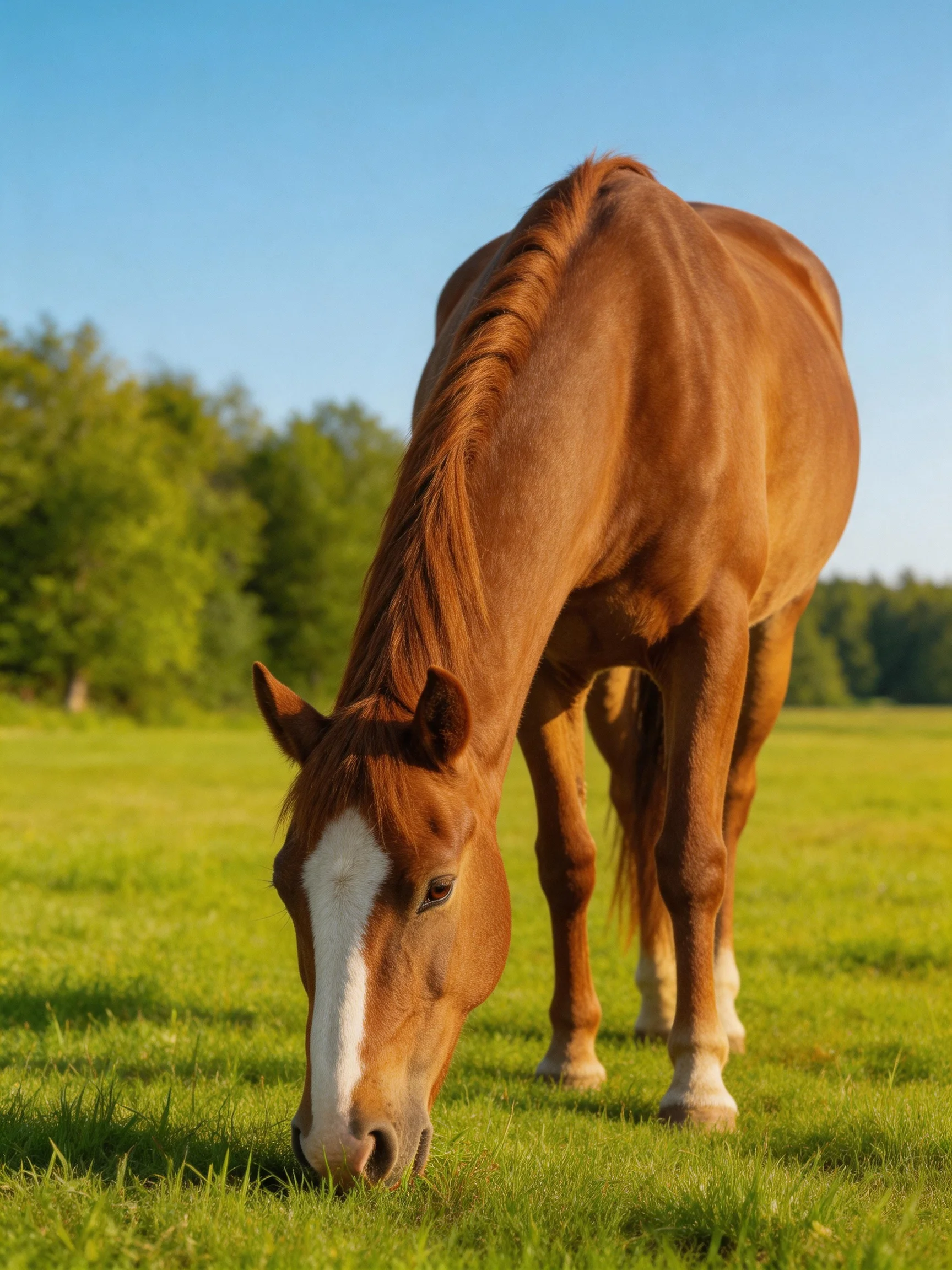 A chestnut horse with a white blaze grazes in a sunny meadow.