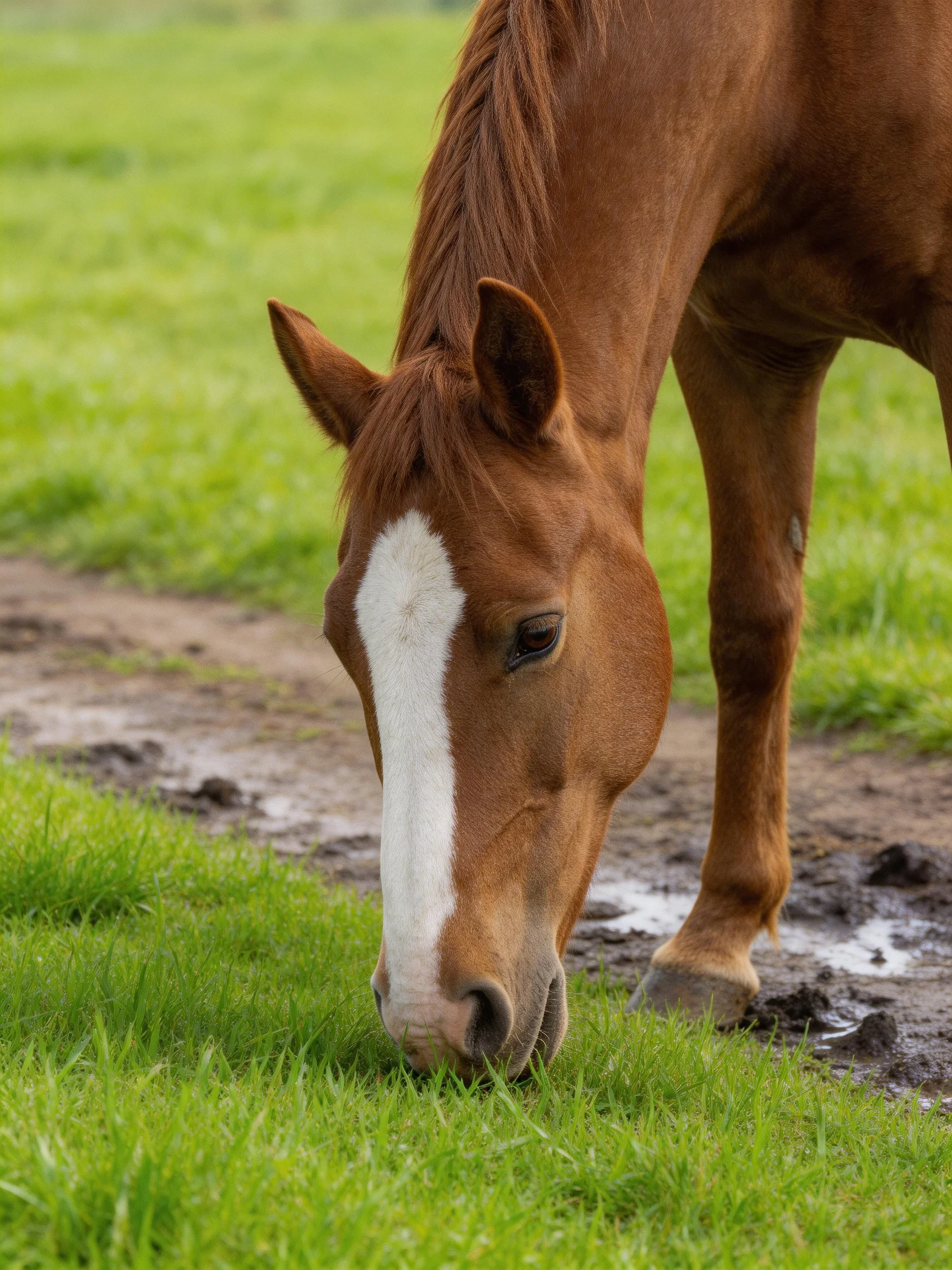 A chestnut horse with a white blaze eats grass next to a muddy path.