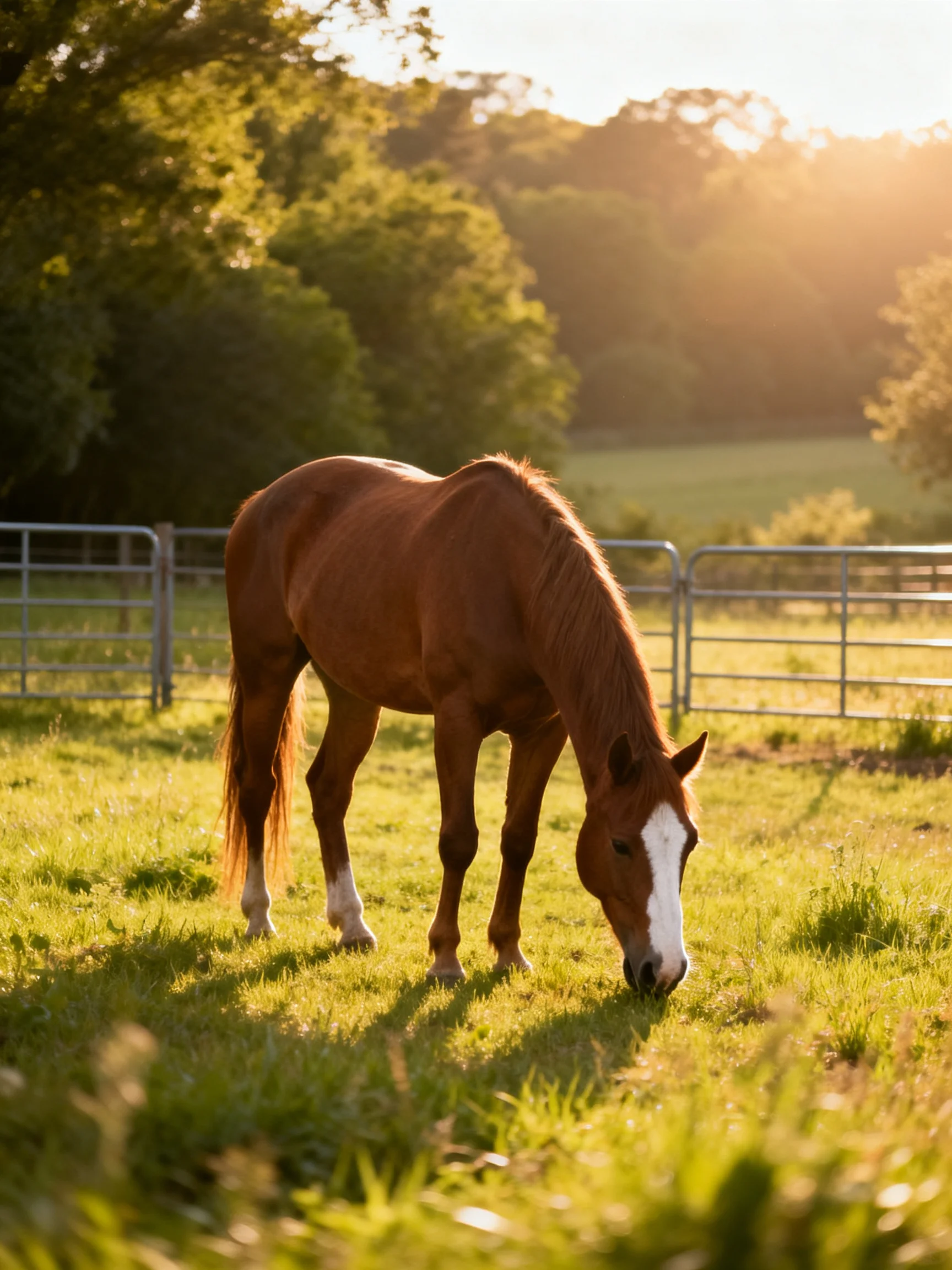 A brown horse with a white facial marking eats grass in a fenced outdoor area during daylight.