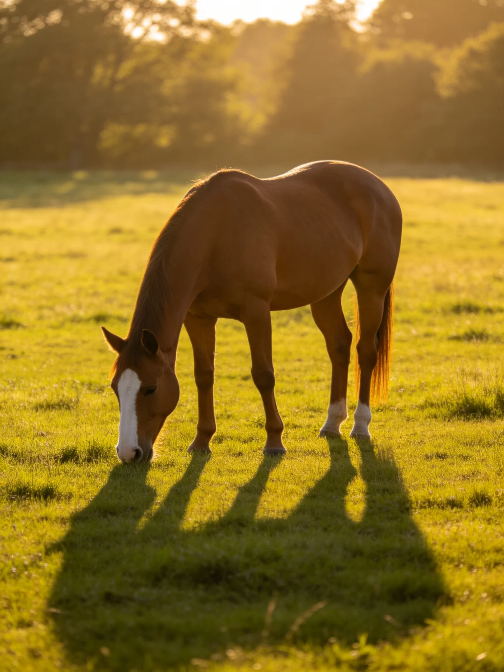 A chestnut horse with a white blaze grazes in a sunlit green meadow.
