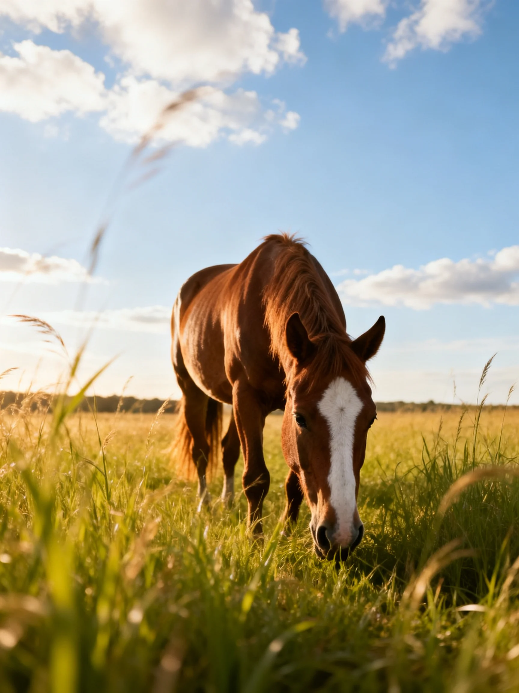 A chestnut horse with a white blaze grazes in a sunlit green meadow