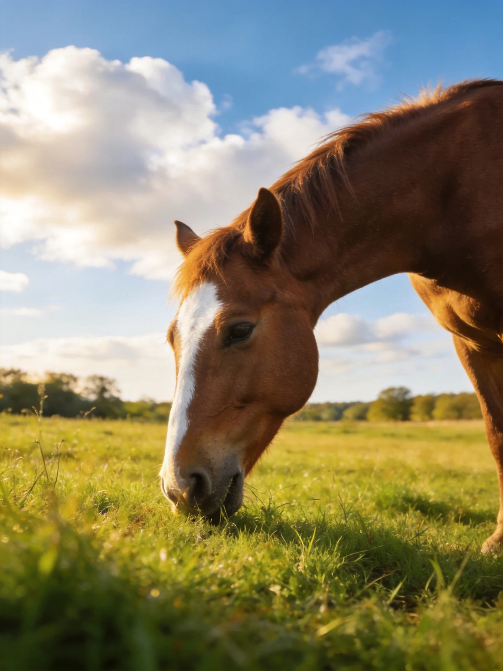 A chestnut horse with a white blaze grazes in a sunlit green meadow