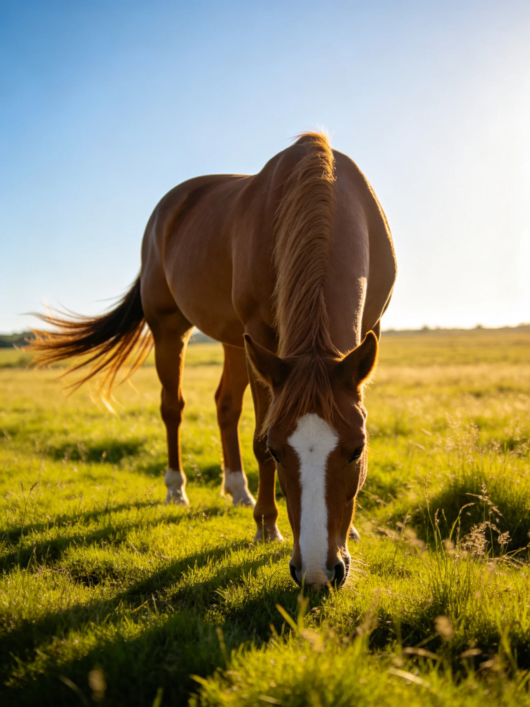 A chestnut horse with a white facial marking feeds in a sunlit open field.
