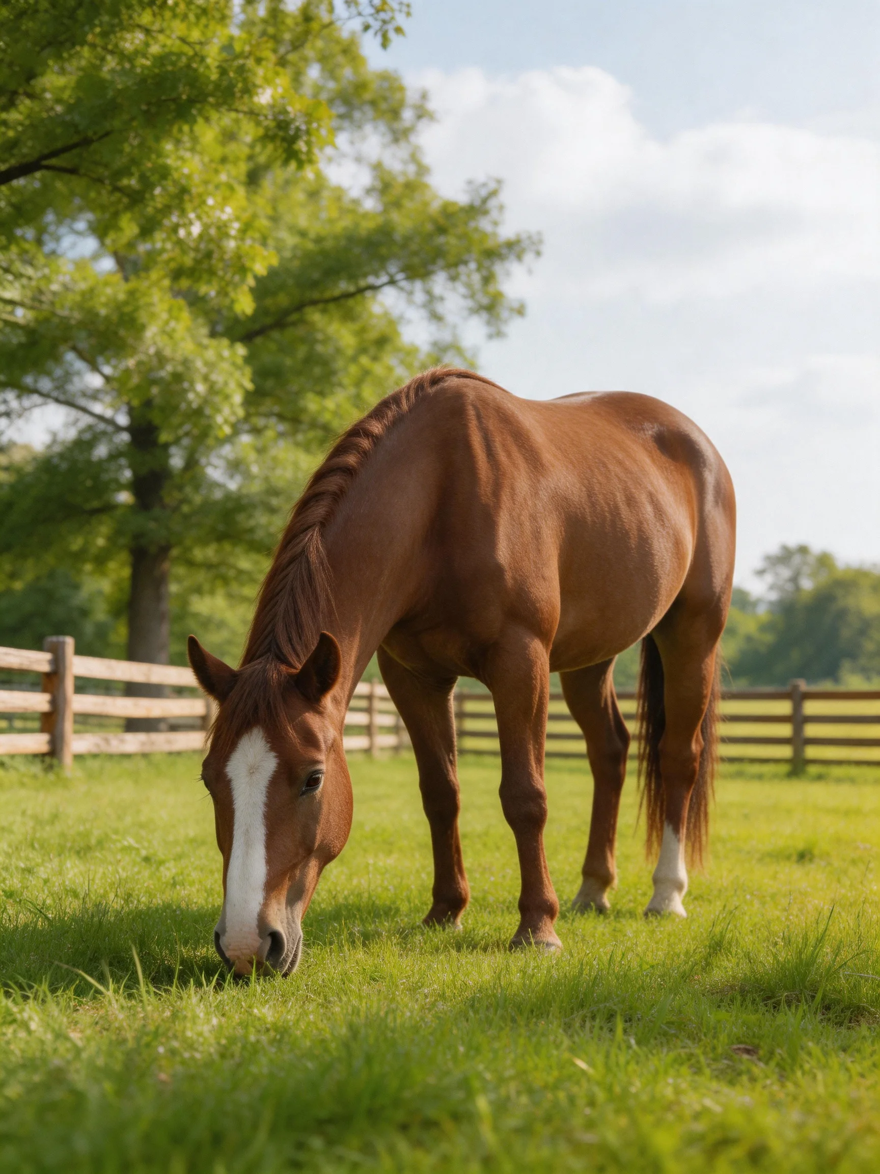 A chestnut horse with a white blaze grazes in a sunlit green pasture.