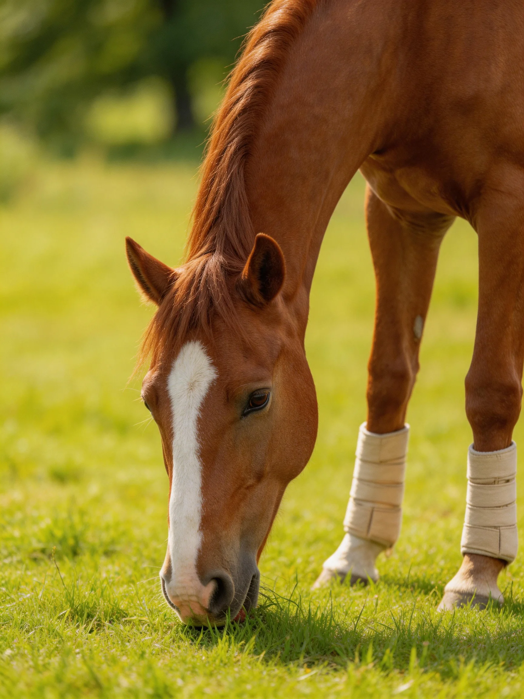 A chestnut horse with leg wraps grazes in a sunlit meadow.